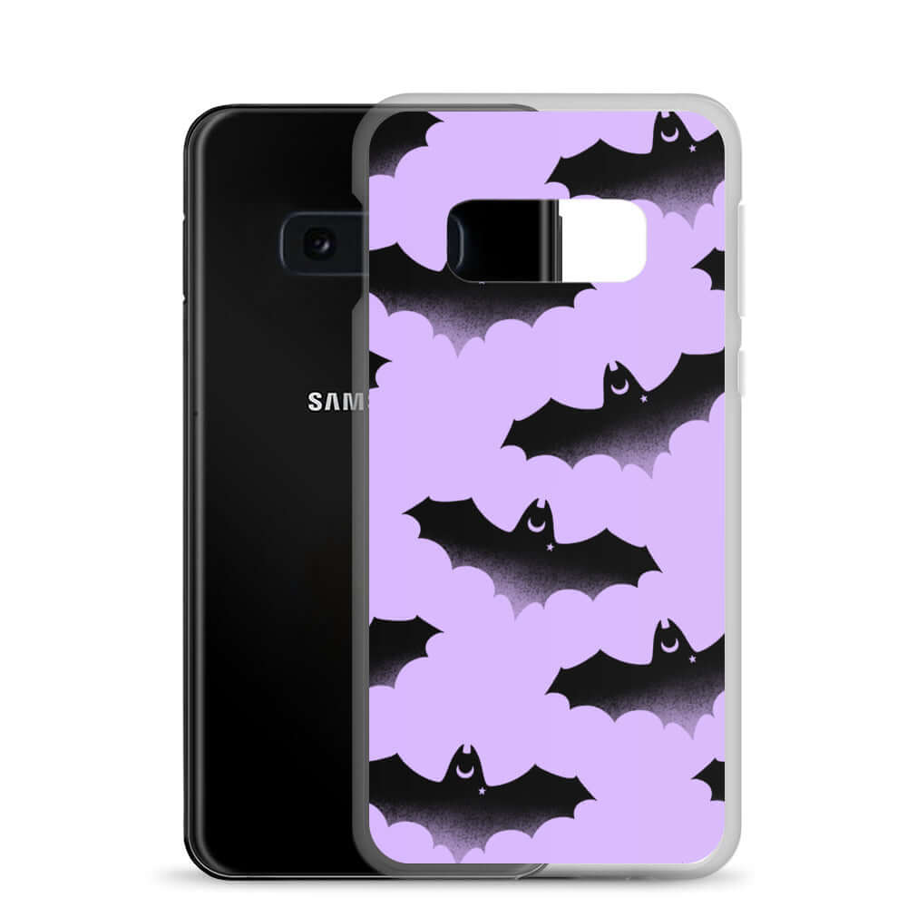 Stylish Morrigan Samsung® Clear Case features a bat design, offering protection from scratches and dirt. Perfect for sunny days!