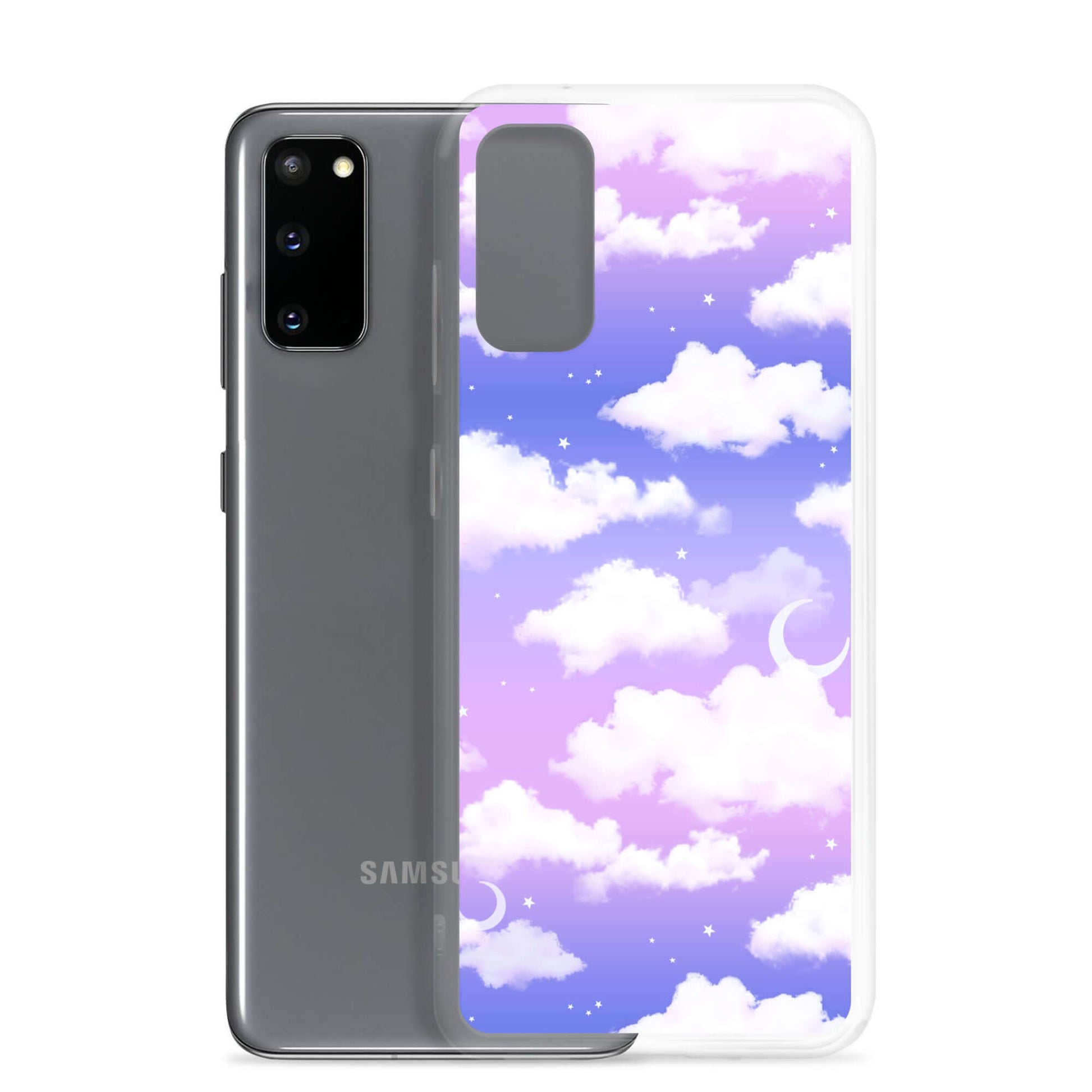 Cloudy Sky Samsung® Clear Case showcases a dreamy purple gradient design, perfect for protecting your phone stylishly.