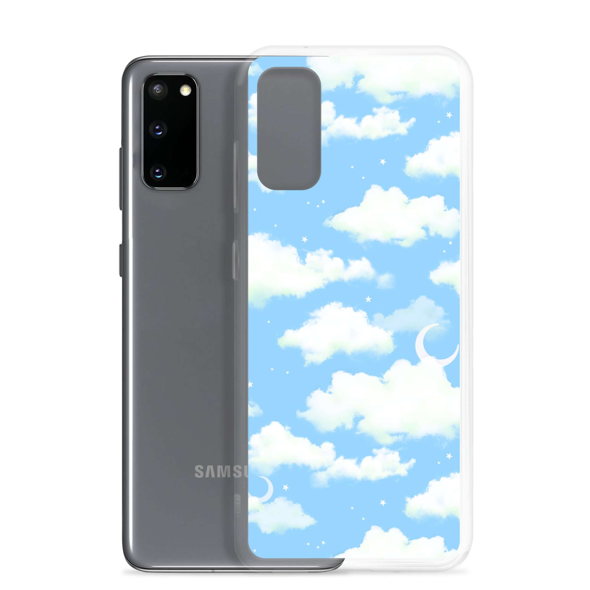 Cloudy Sky Samsung® Clear Case showcases a dreamy blue cloud design, perfect for protecting your phone stylishly.