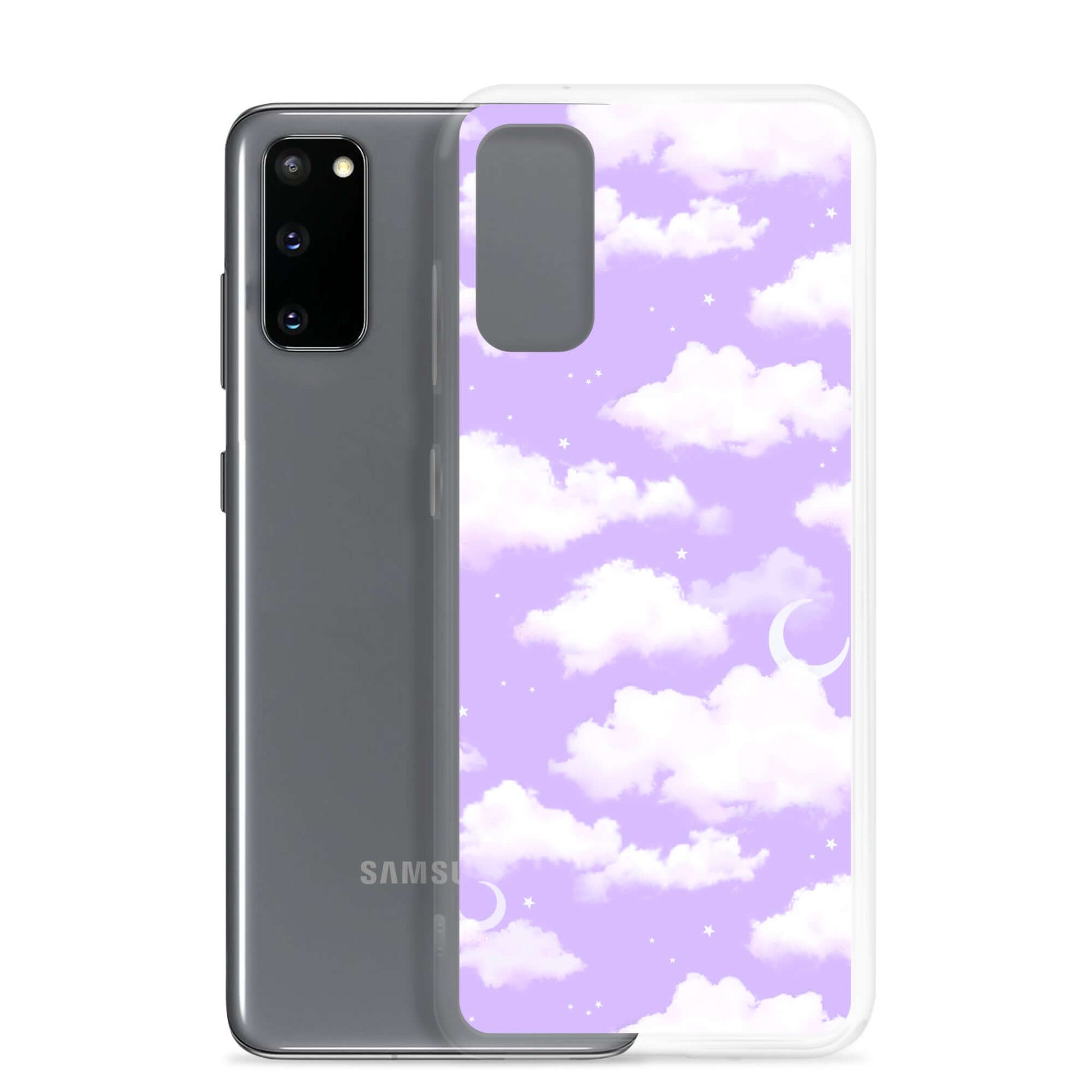 Cloudy Sky Samsung® Clear Case showcases a dreamy purple cloud design, protecting your phone with style and elegance.