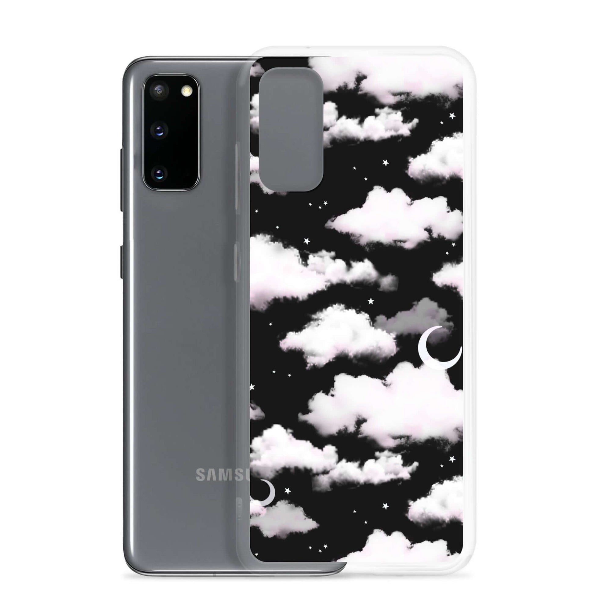 Stylish Cloudy Sky Samsung® Clear Case features dreamy clouds and stars, perfect for protecting your phone in style.