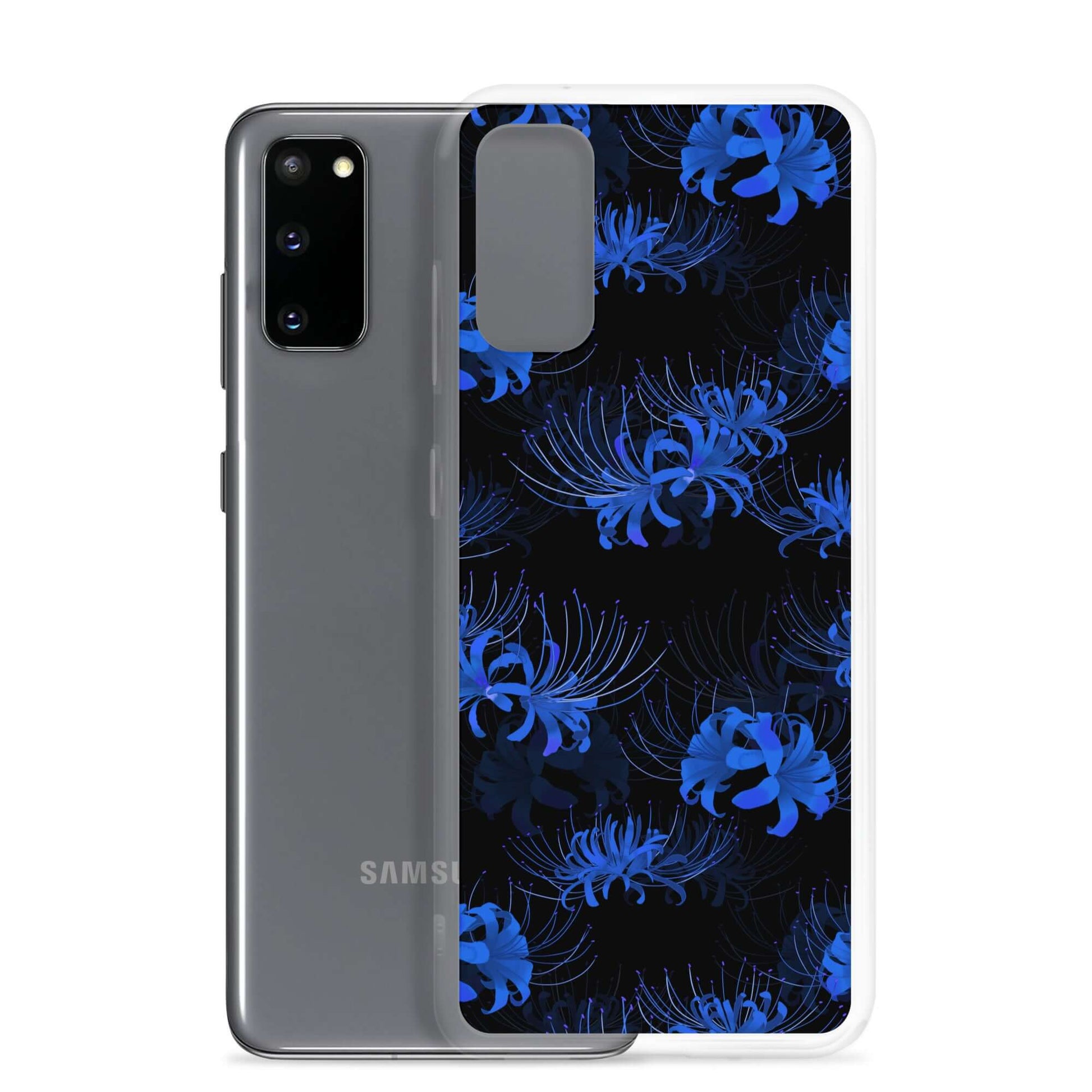 Stylish Higanbana Samsung® Clear Case showcases vibrant blue floral design, protecting your Samsung device in style.