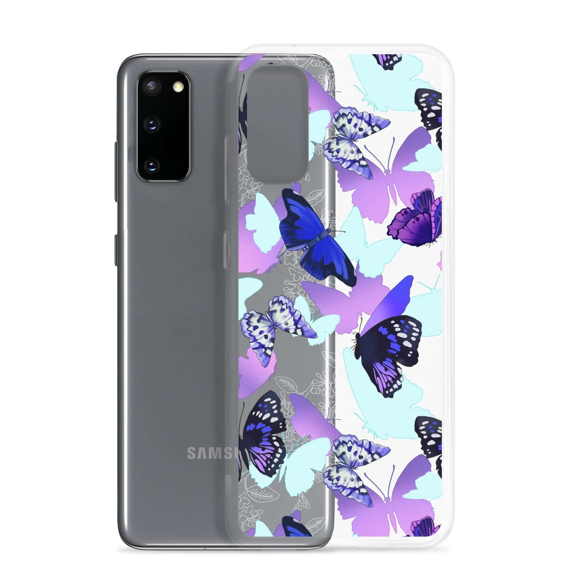 Showcasing the Butterfly Samsung® Clear Case, vibrant with butterfly designs for stylish phone protection.