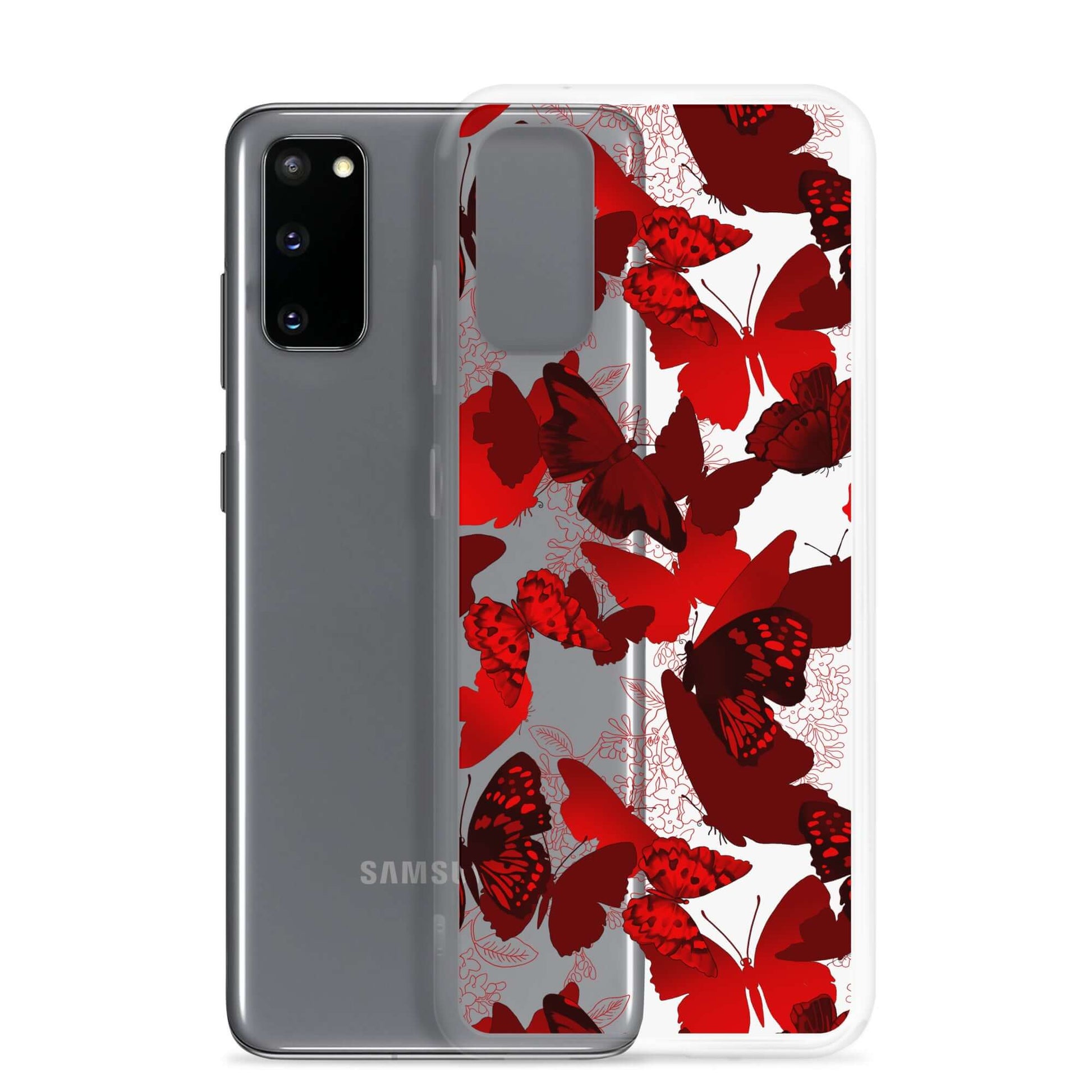 Butterfly Samsung® Clear Case with vibrant red butterfly print, perfect for protecting your phone stylishly.