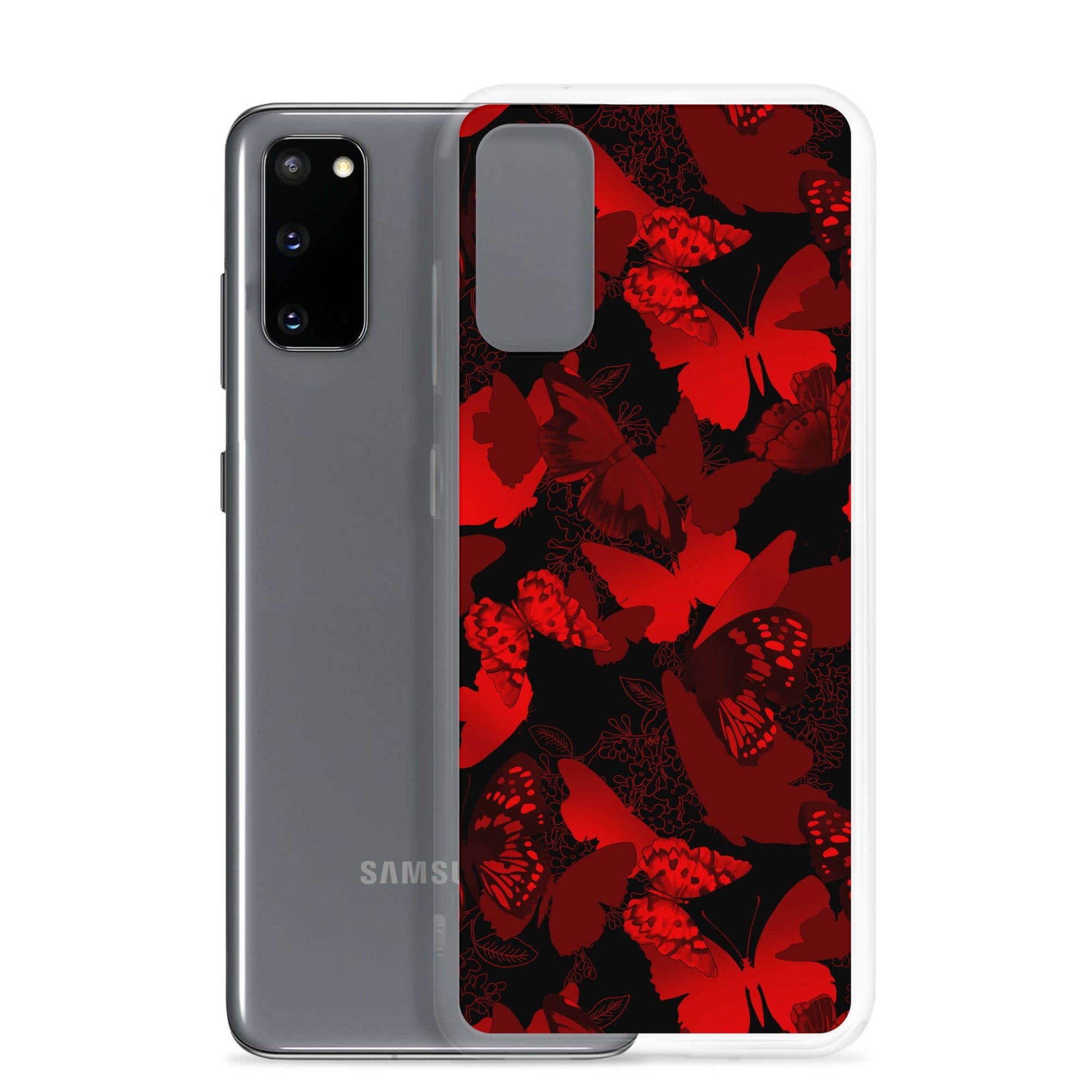 Butterfly Samsung® Clear Case featuring a vibrant butterfly print, perfect for protecting your phone in style.