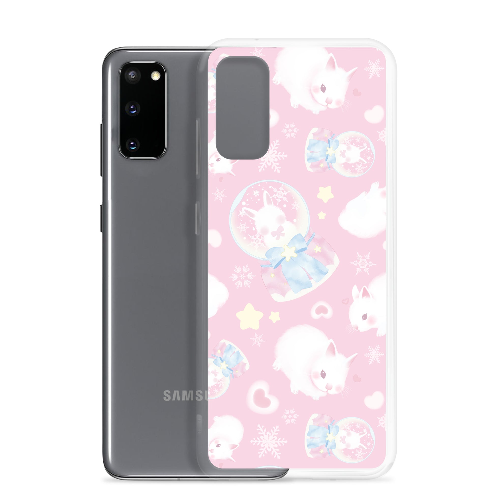 Cute Snow Bunny Samsung® Clear Case featuring playful bunnies on a pastel pink background, perfect for any stylish look.