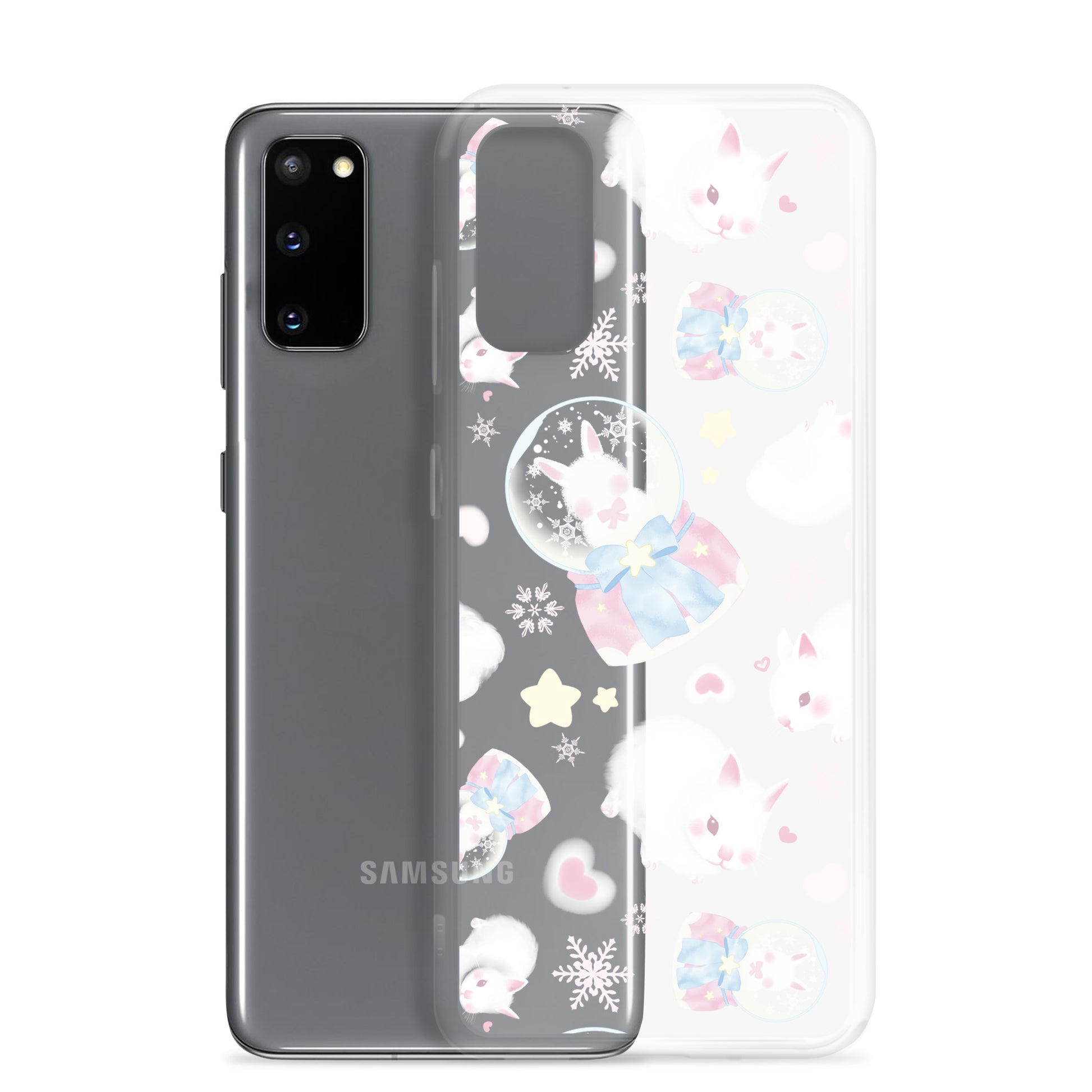 Stylish Snow Bunny Samsung® Clear Case featuring cute bunnies, perfect for a feminine pastel look. Ideal protection!