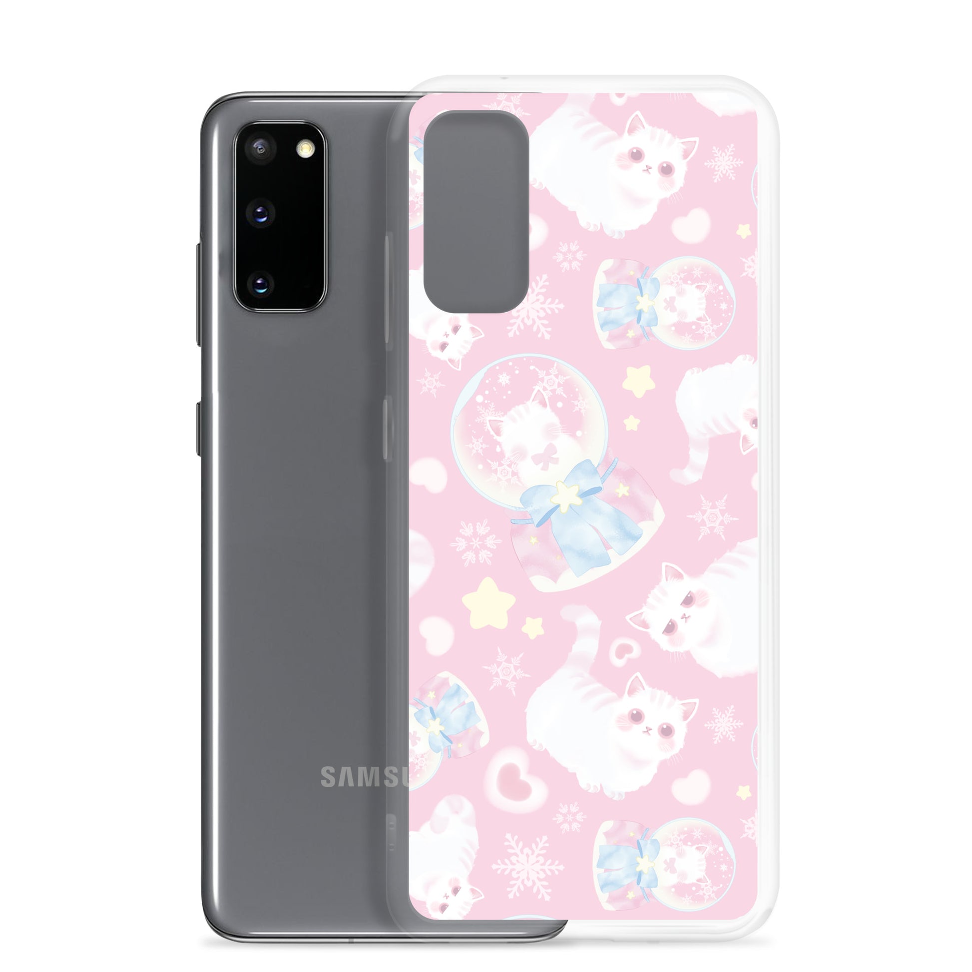 Cute Snow Kitten Samsung® Clear Case featuring playful kittens on a pastel pink background, perfect for any outfit.