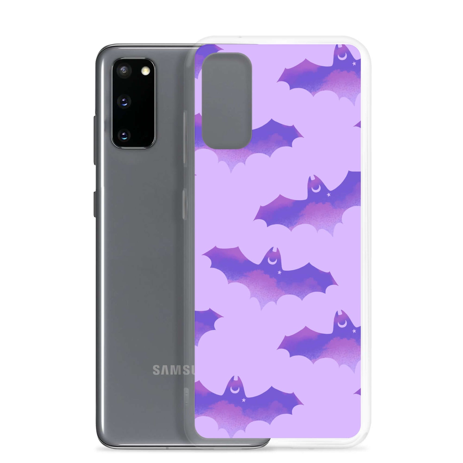 Morrigan Samsung® Clear Case featuring playful bats against a purple background, perfect for sunny day protection.