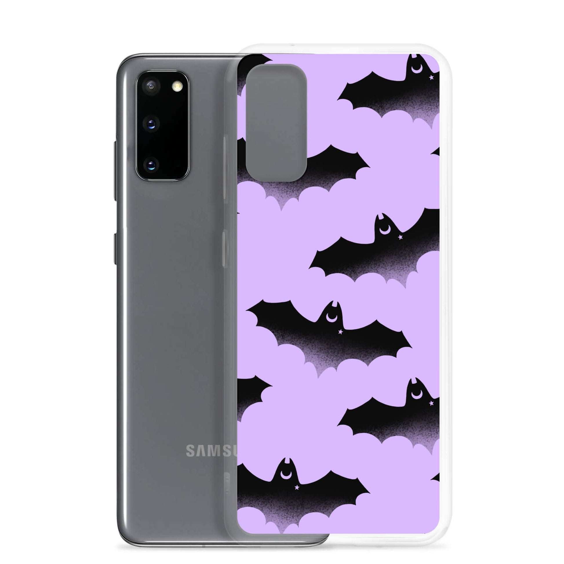 Protect your phone in style with the Morrigan Samsung® Clear Case featuring playful bats on a pastel background.