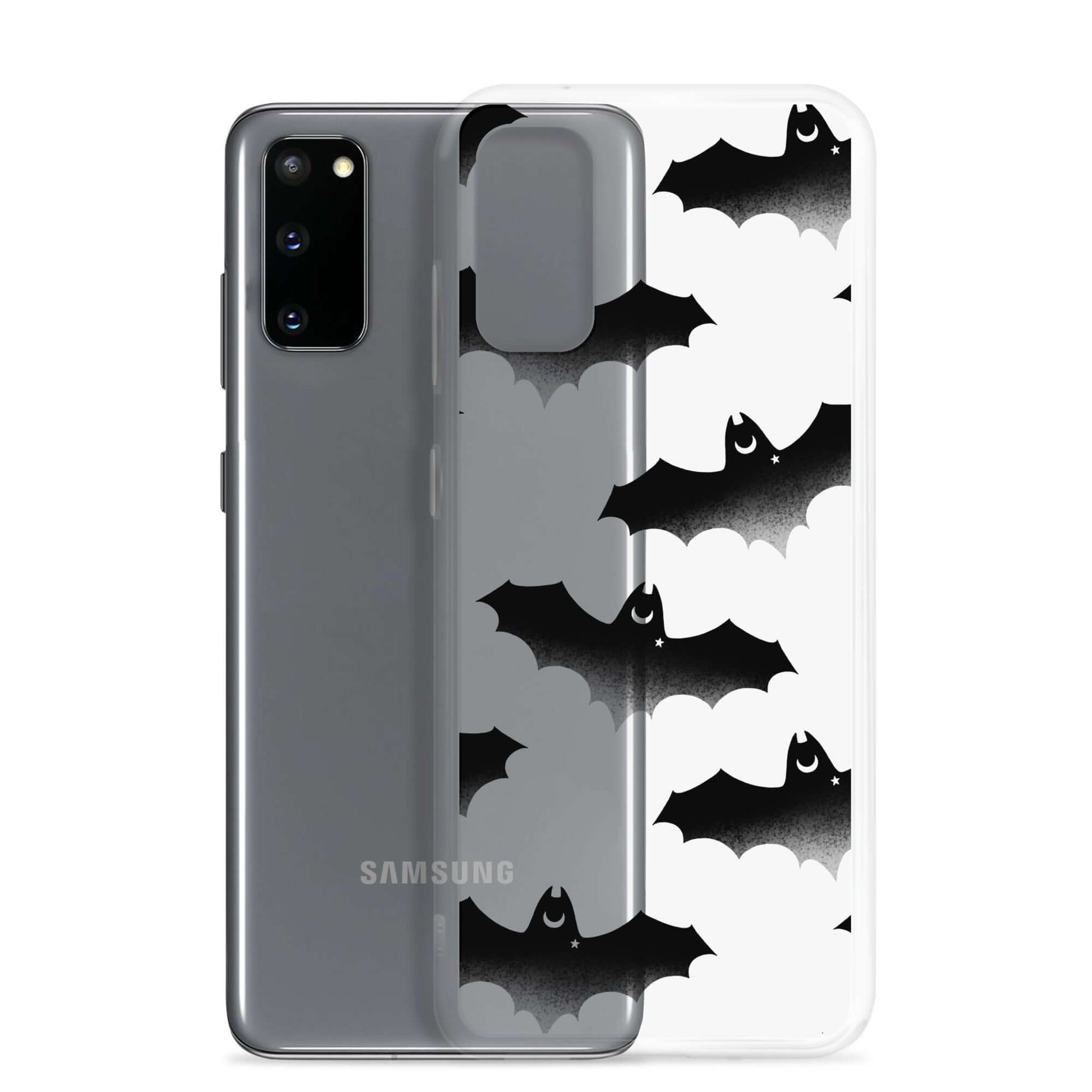 Sleek Lilith Samsung® Clear Case featuring playful bats, perfect for protecting your phone in style.