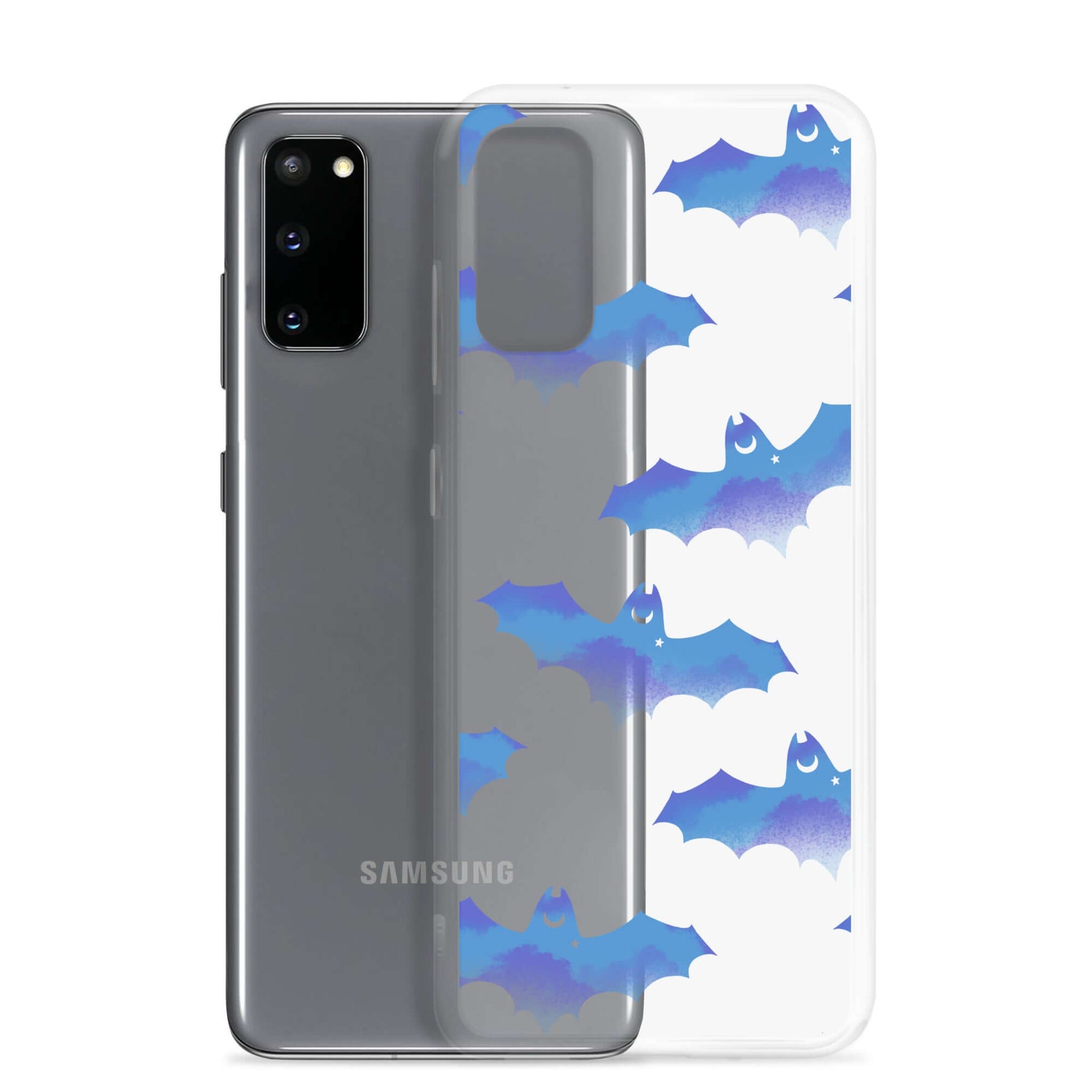 Stylish Lilith Samsung® Clear Case featuring playful bats, perfect for protecting your phone in any weather.