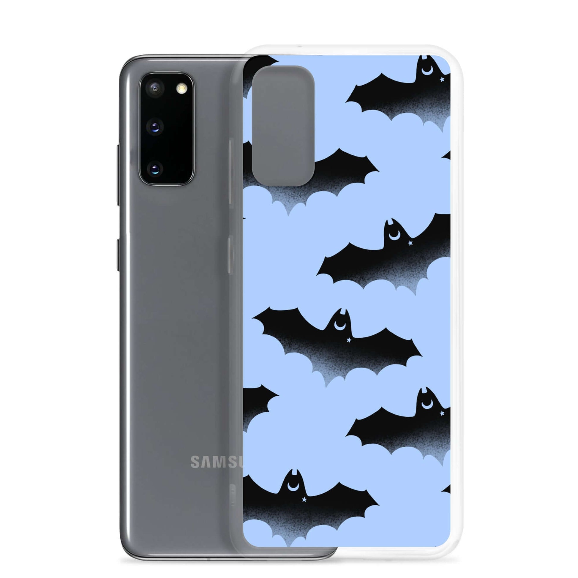 Sleek Lilith Samsung® Clear Case featuring playful bats on a light blue background, perfect for any Samsung phone.