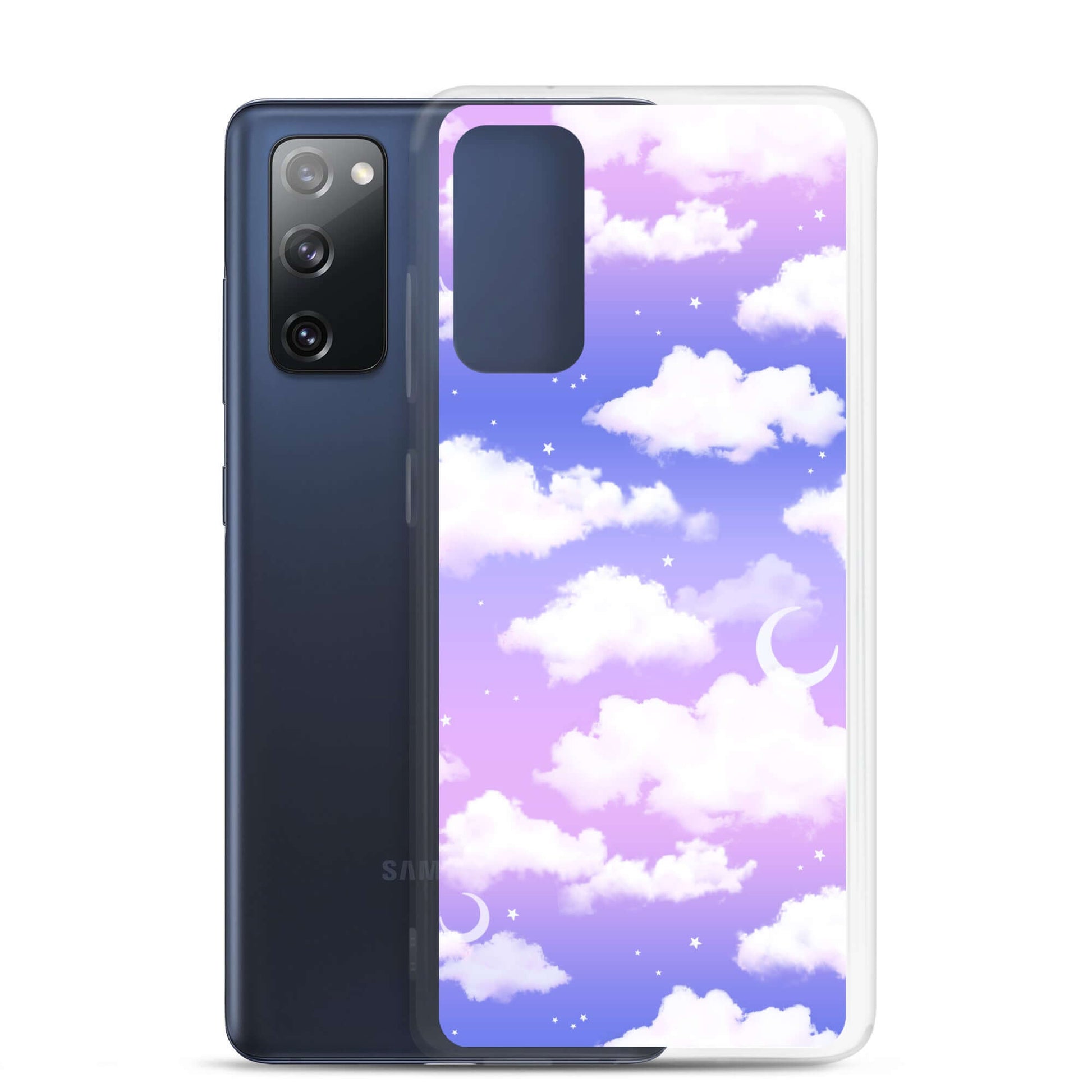 Stylish Cloudy Sky Samsung® Clear Case showcasing a dreamy purple and blue cloud design for ultimate phone protection.