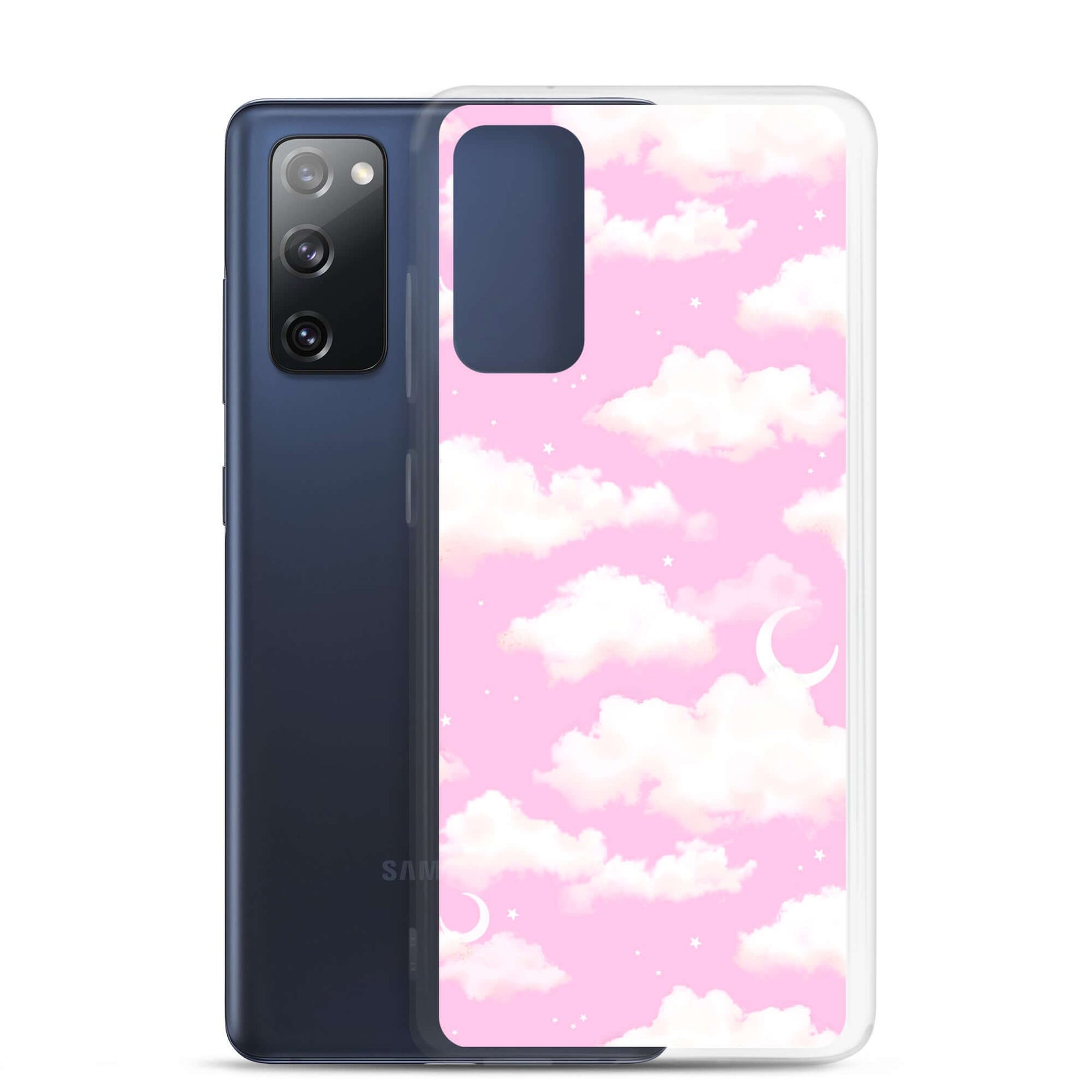 Stylish Cloudy Sky Samsung® Clear Case featuring dreamy pink clouds, perfect for protecting your phone in style.