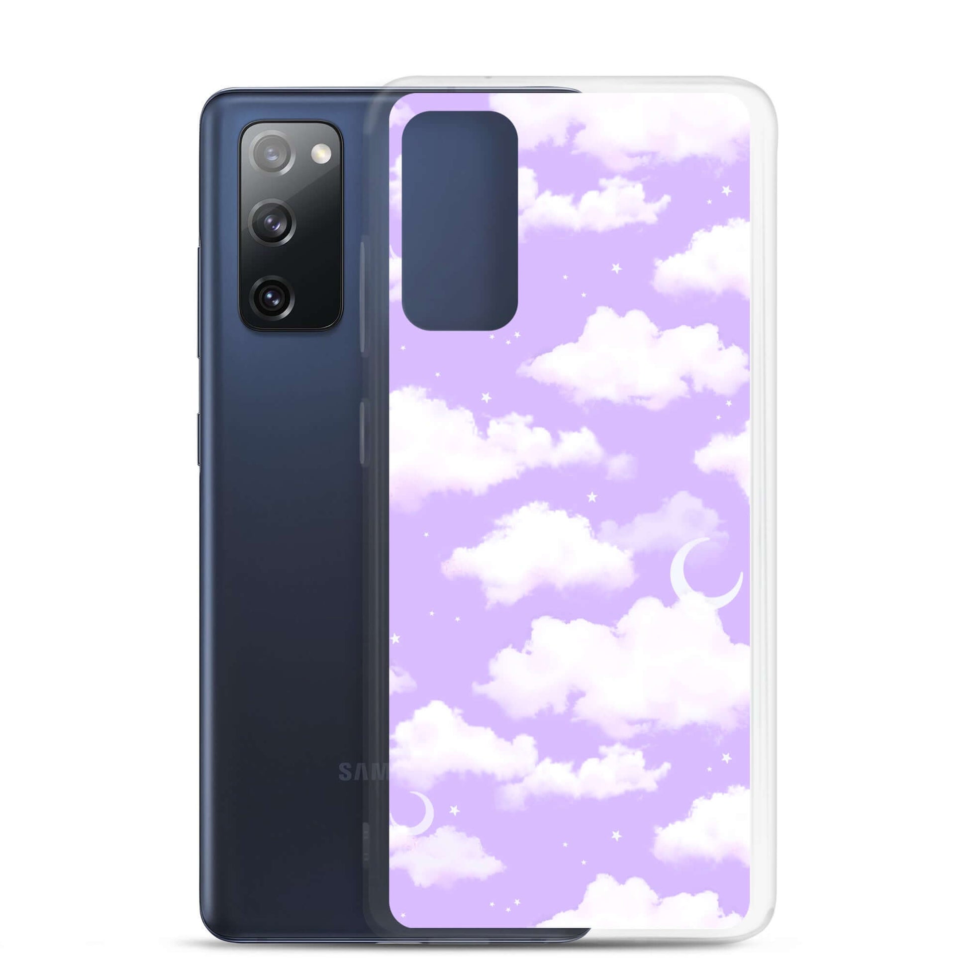 Protect your phone in style with the Cloudy Sky Samsung® Clear Case, featuring dreamy purple clouds and starry accents.