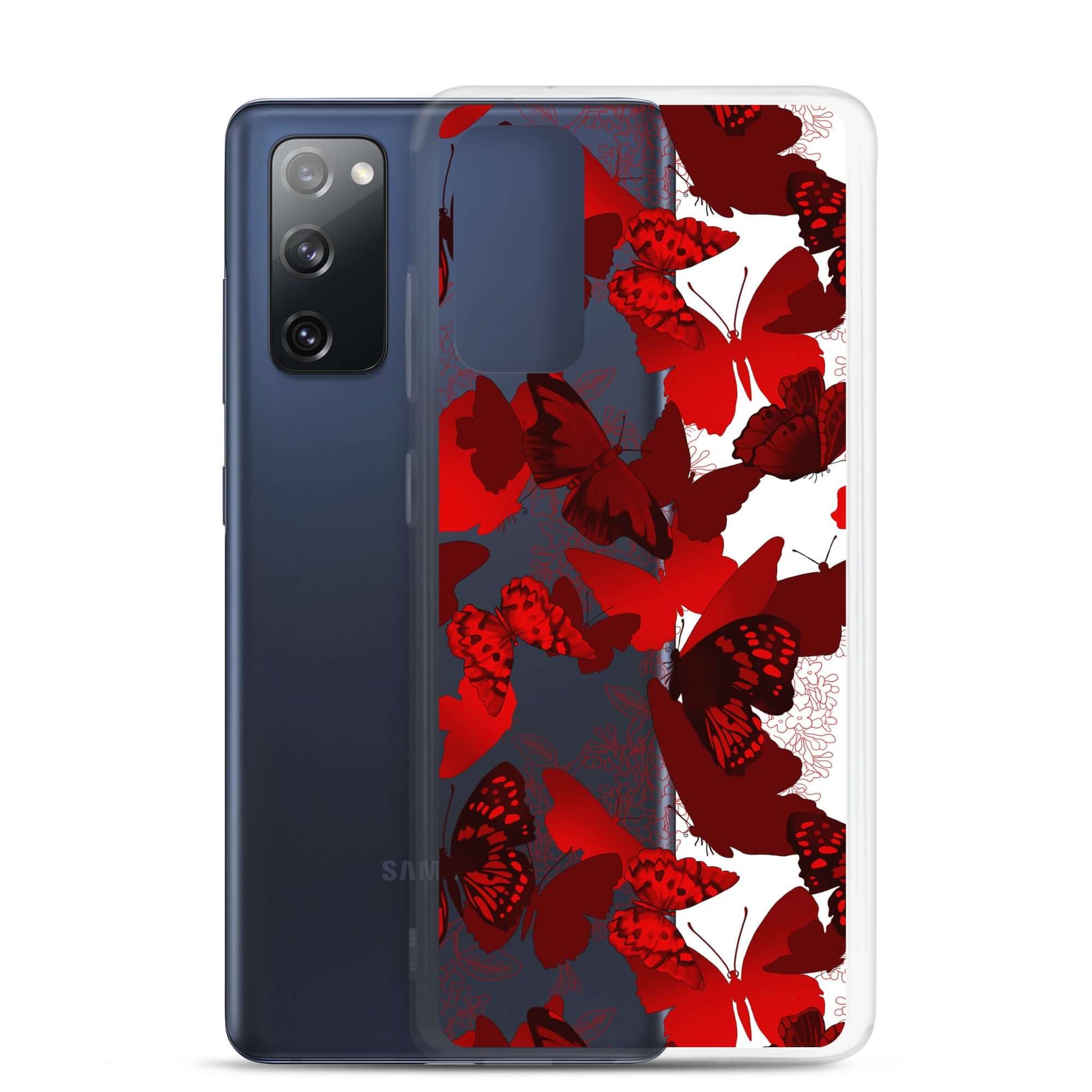 Butterfly Samsung® Clear Case featuring vibrant red butterflies, perfect for protecting your Samsung phone stylishly.