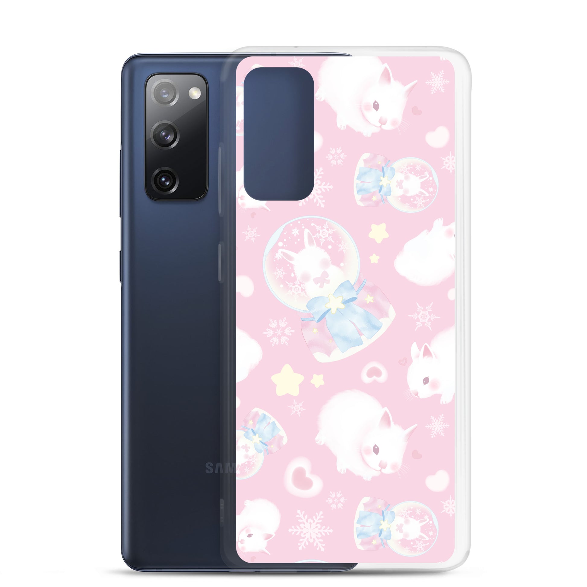 Snow Bunny Samsung® Clear Case features cute bunnies on a pastel pink background, adding charm and protection.