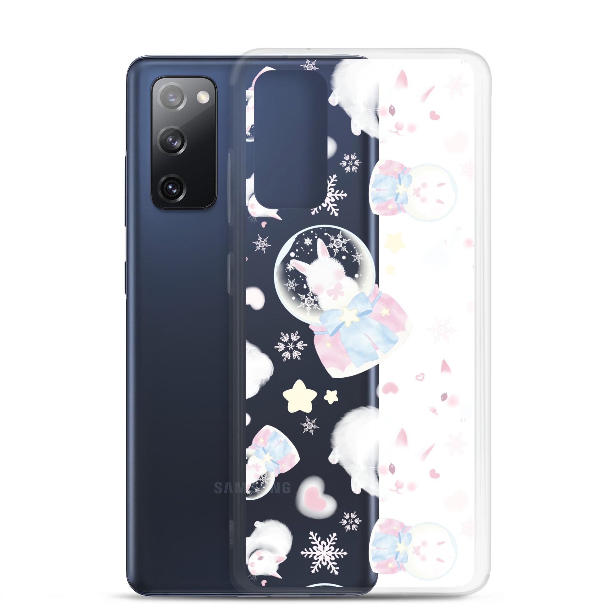 Cute Snow Bunny Samsung® Clear Case featuring adorable bunnies, perfect for stylish protection and a pastel look.