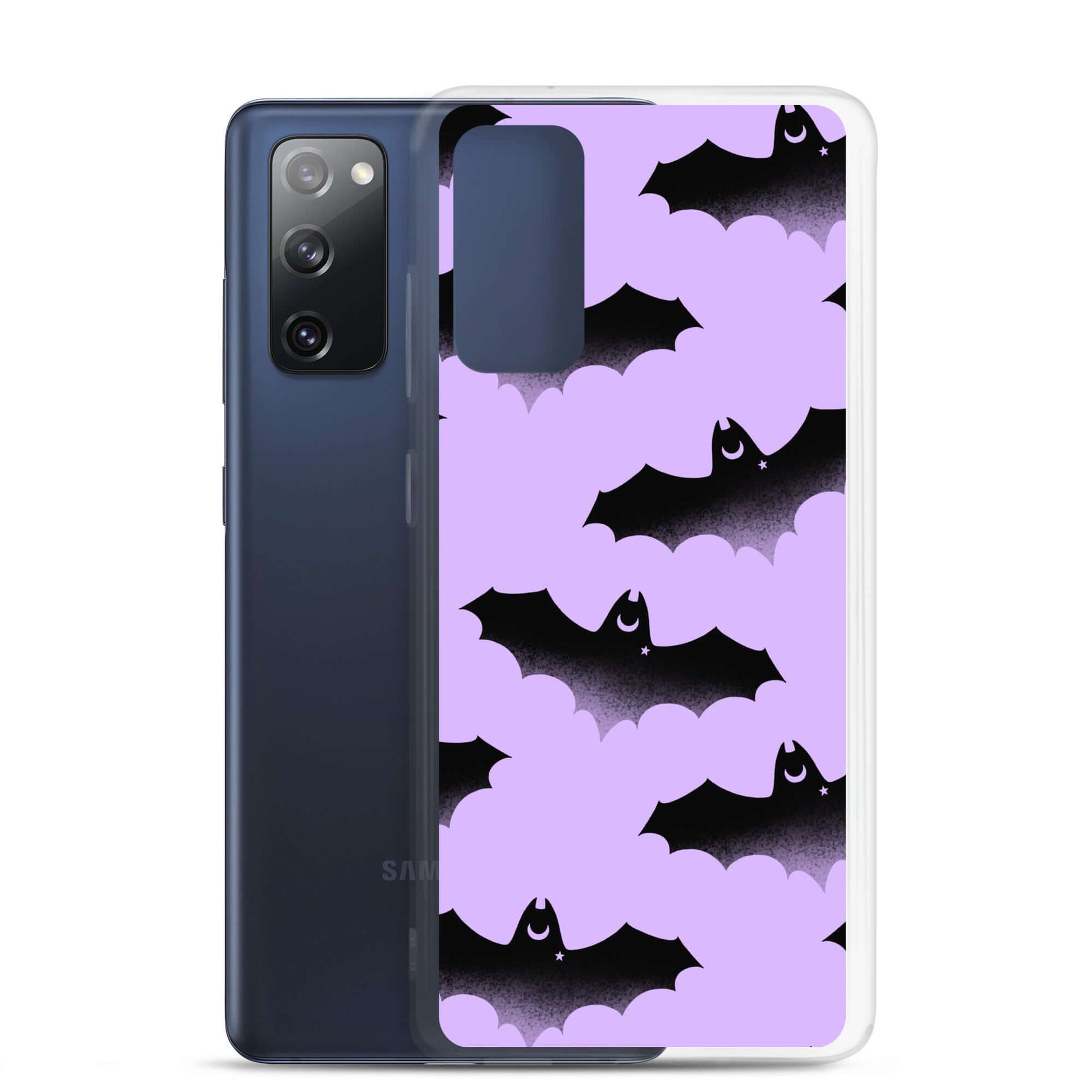 Morrigan Samsung® Clear Case features playful bats on a purple background, perfect for style and protection.