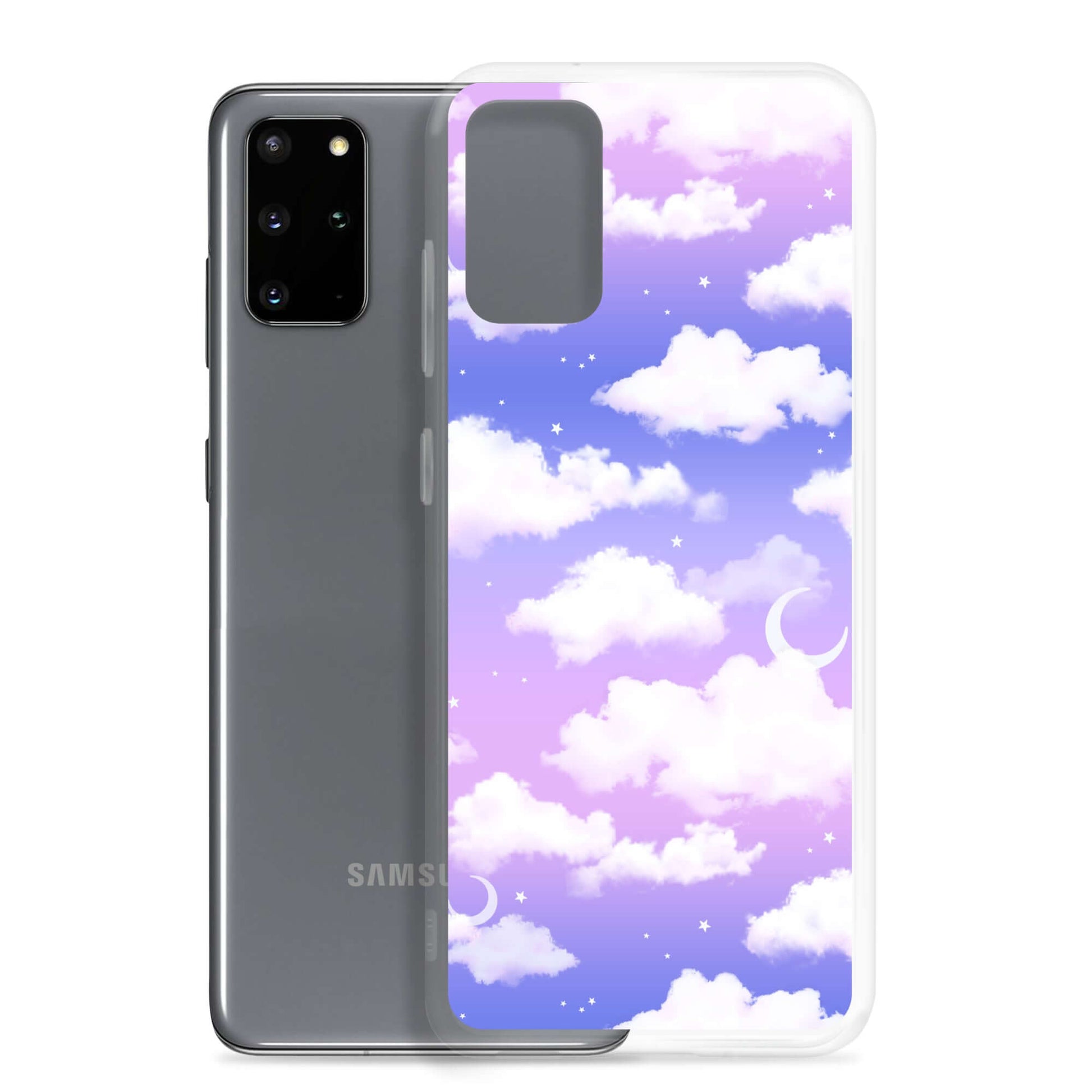 Cloudy Sky Samsung® Clear Case featuring a dreamy purple gradient and cloud design, perfect for stylish phone protection.