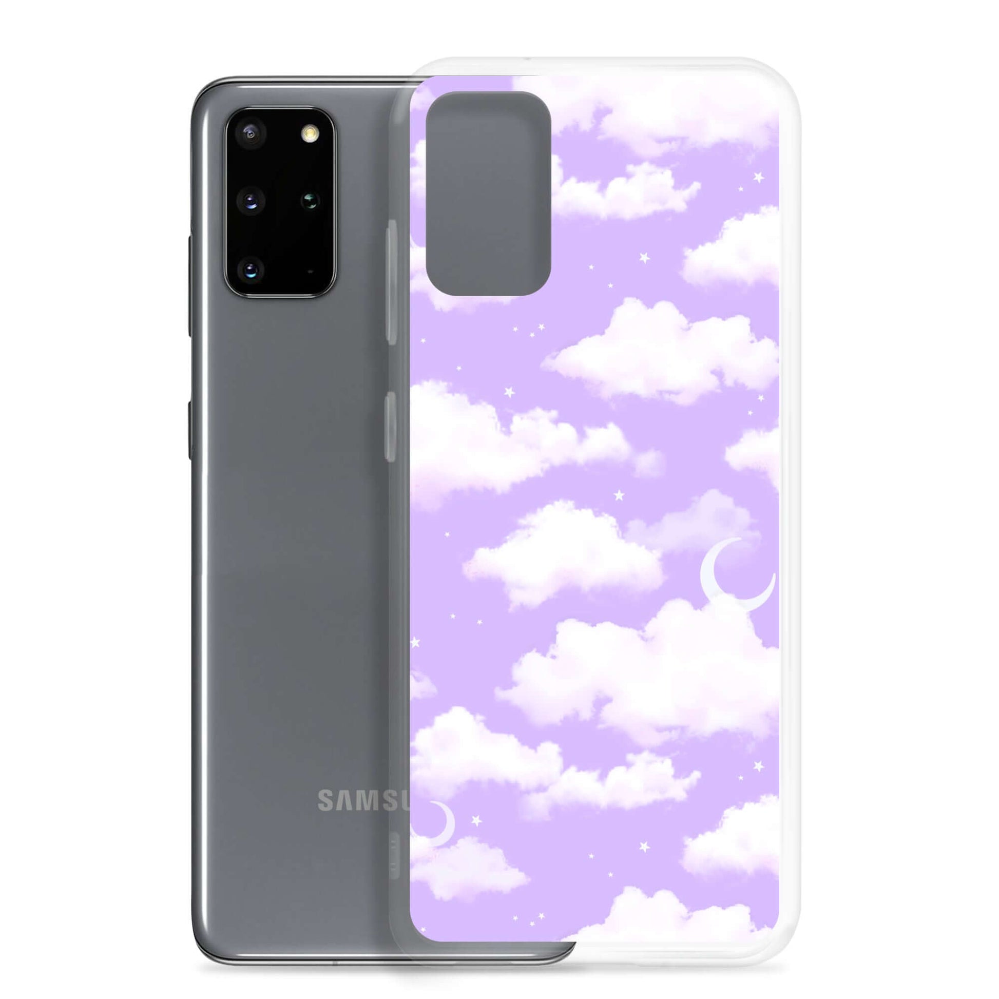 Sleek Cloudy Sky Samsung® Clear Case showcases a dreamy purple gradient design, perfect for protecting your phone.