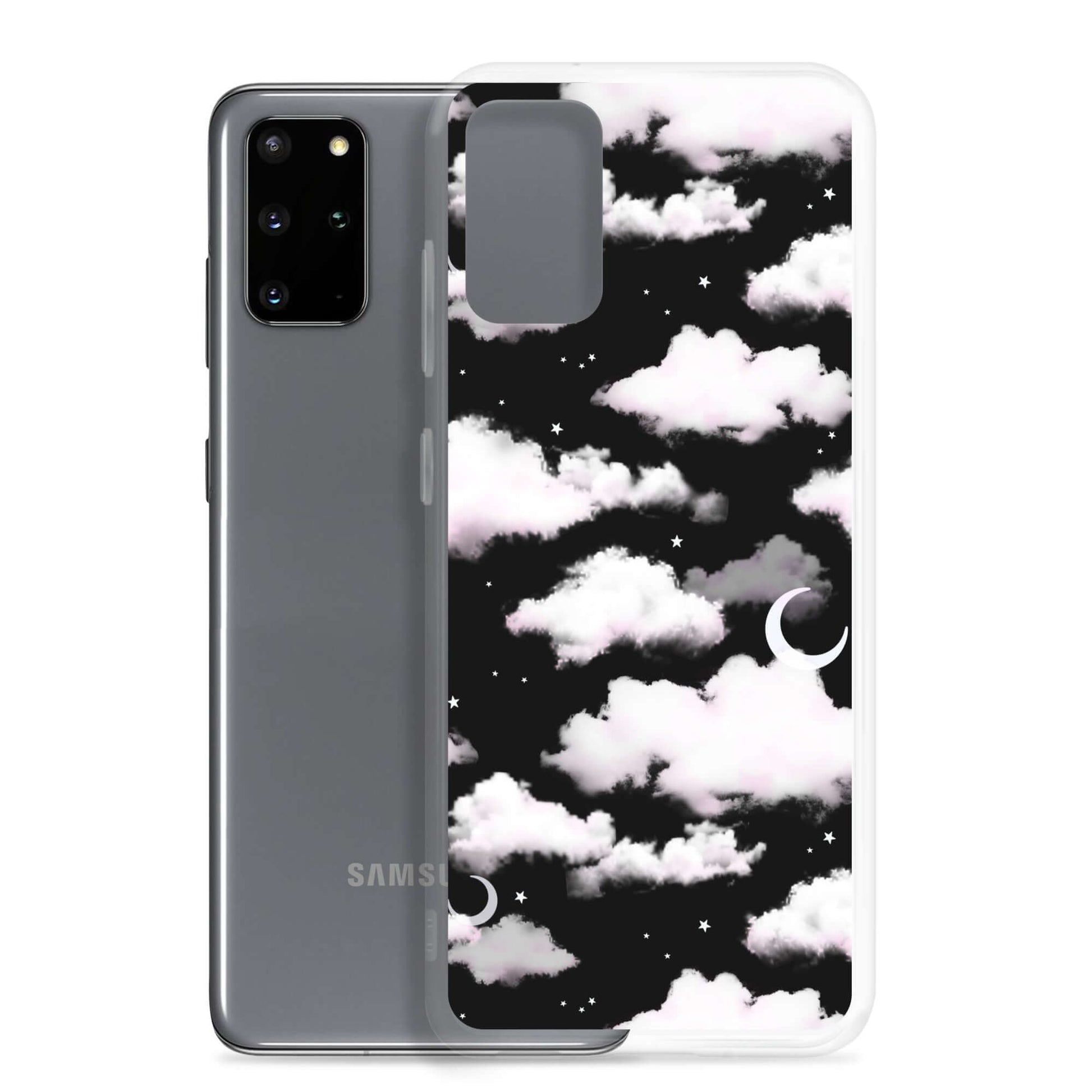 Sleek Cloudy Sky Samsung® Clear Case features dreamy clouds and stars, perfect for stylish phone protection.