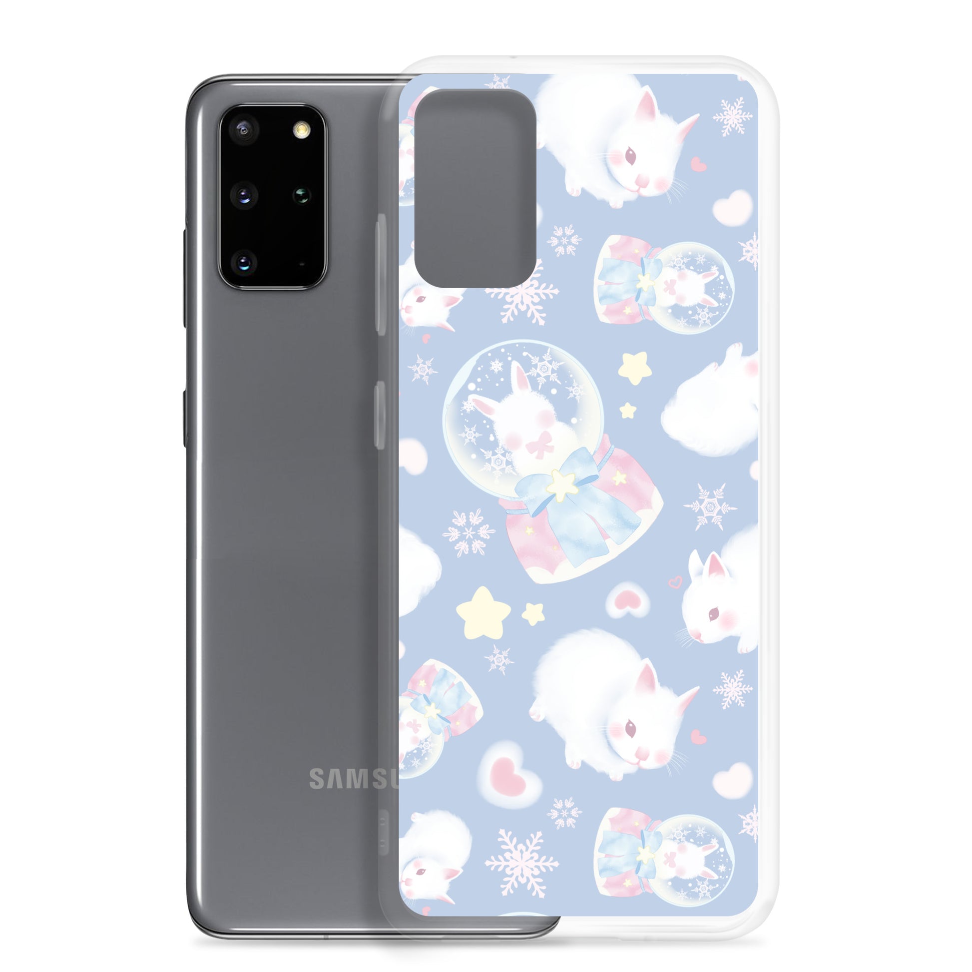 Stylish Snow Bunny Samsung® Clear Case featuring cute bunnies and pastel colors, perfect for any outfit.