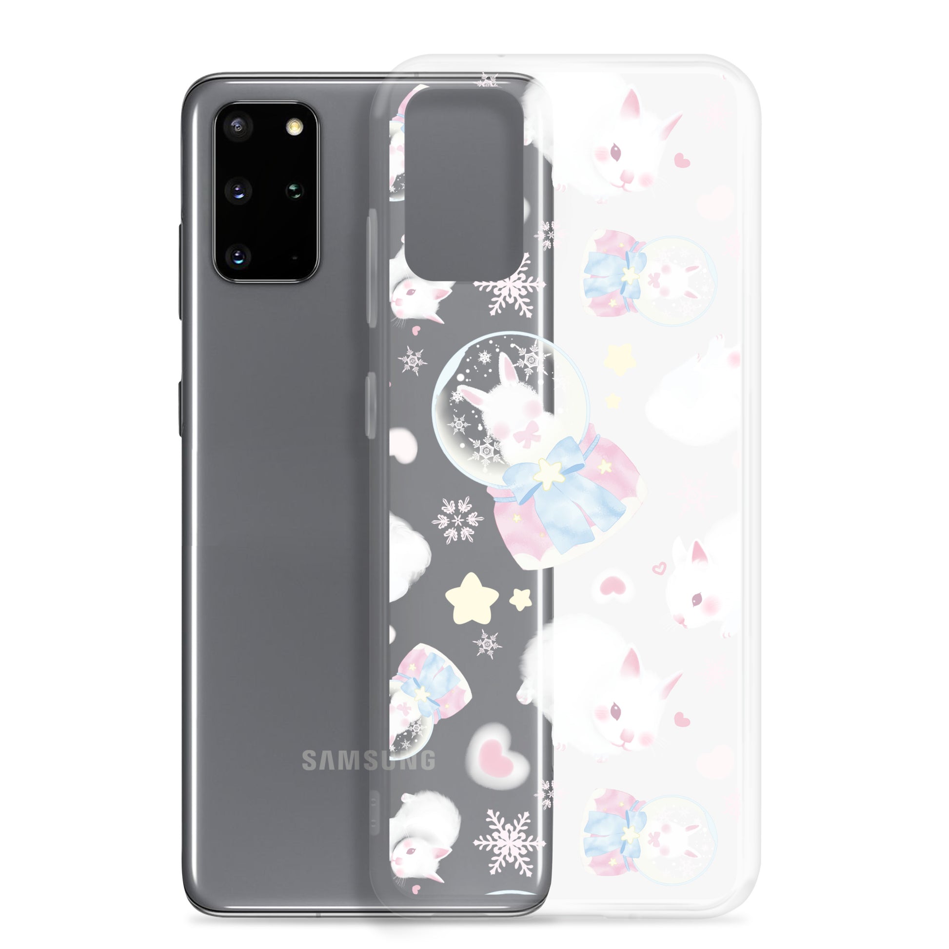 Charming Snow Bunny Samsung® Clear Case showcasing cute bunnies, perfect for feminine pastel outfits and phone protection.