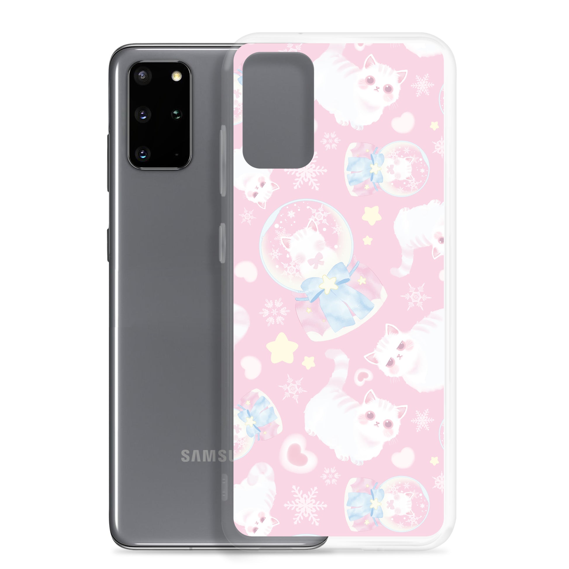 Cute Snow Kitten Samsung® Clear Case features playful kittens on a pastel pink background, adding charm to your phone.