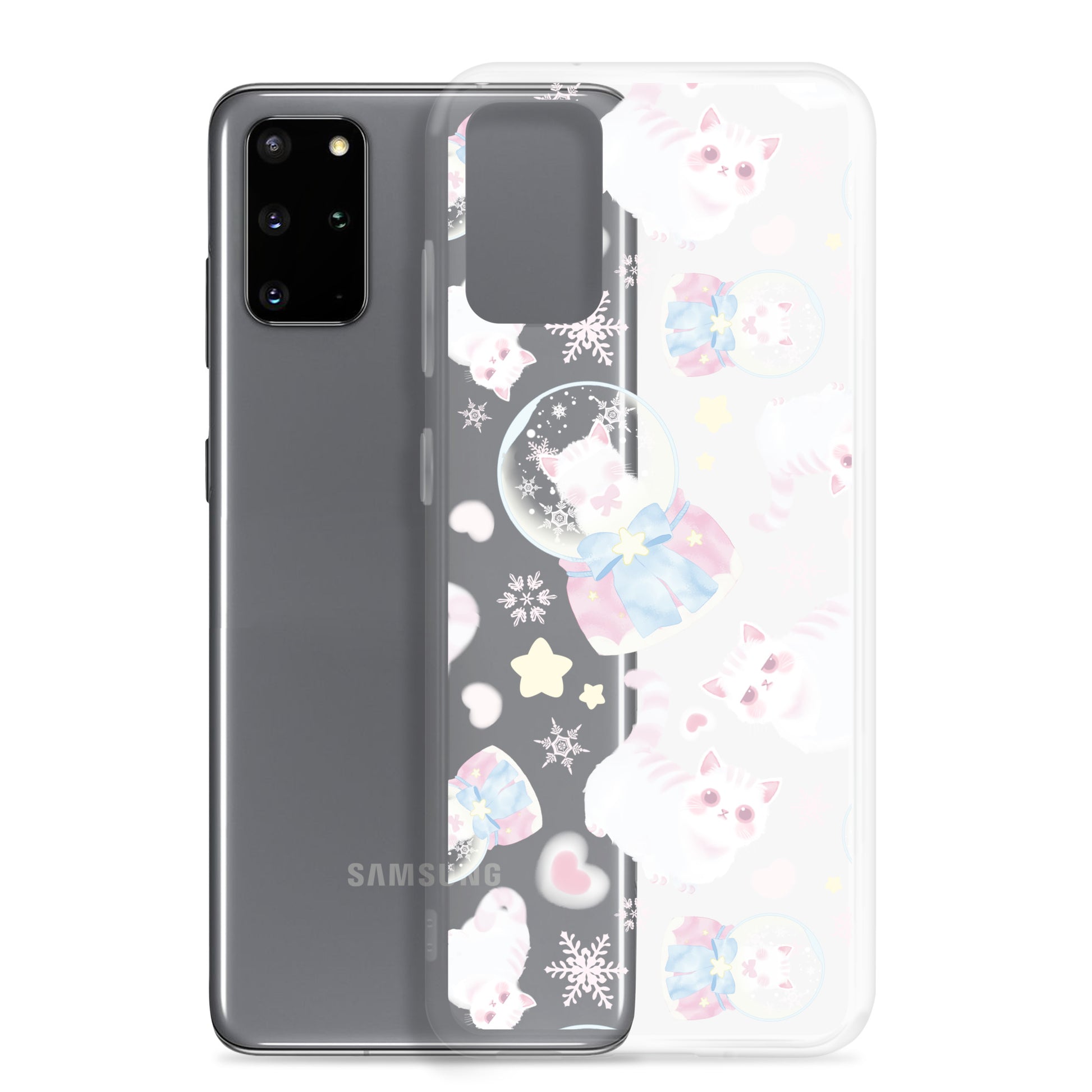 Snow Kitten Samsung® Clear Case features adorable kittens, perfect for feminine pastel outfits and phone protection.