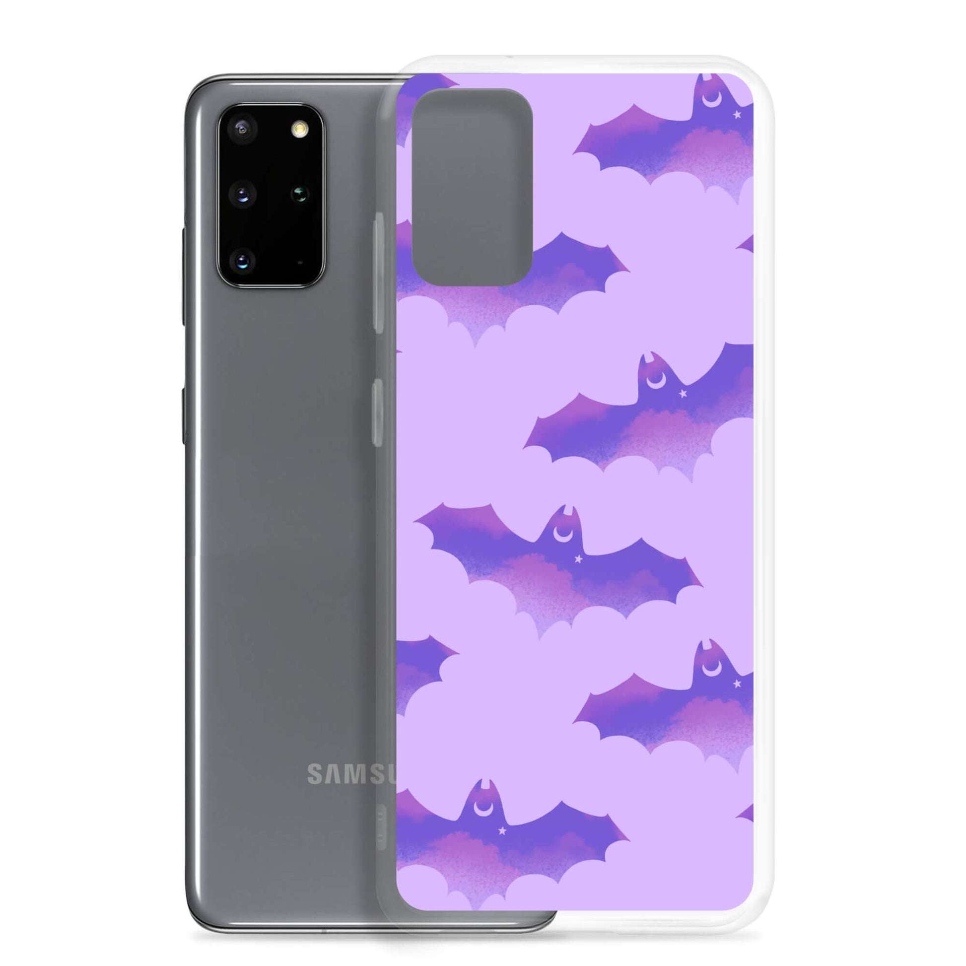 Protect your phone stylishly with the Morrigan Samsung® Clear Case featuring adorable bats on a pastel background.