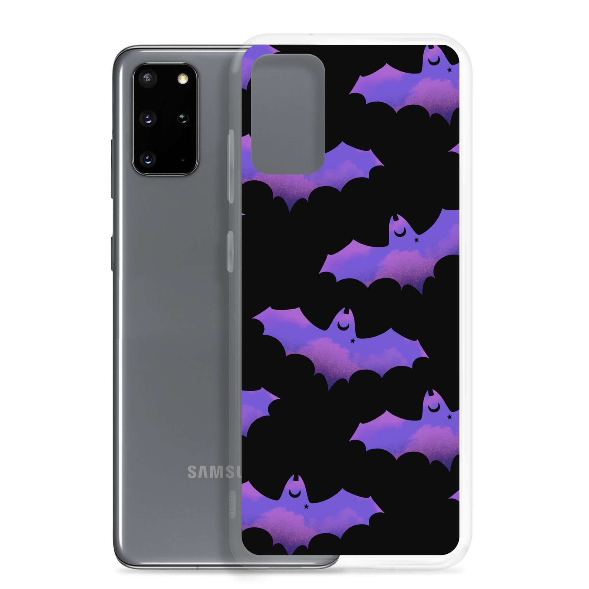 Stylish Morrigan Samsung® Clear Case featuring playful bats, perfect for protecting your phone in any weather.