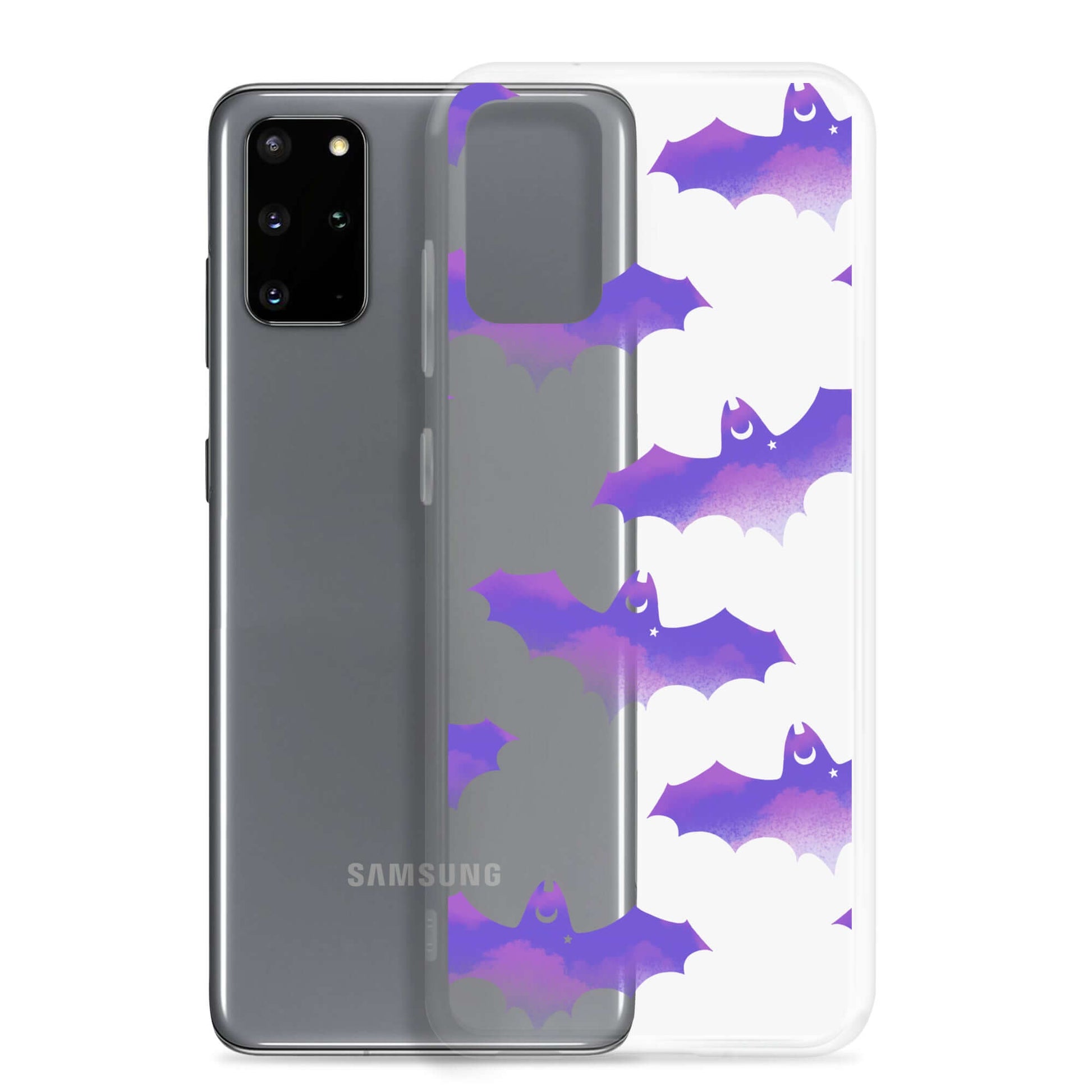 Protect your phone in style with the Morrigan Samsung® Clear Case featuring playful bats and sleek design.
