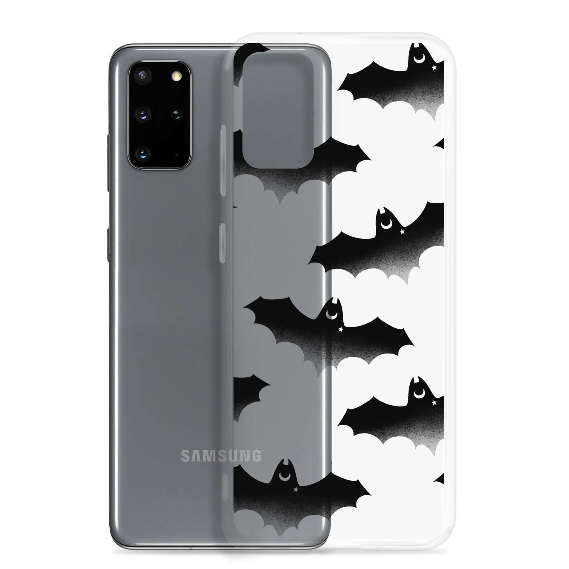 Stylish Lilith Samsung® Clear Case featuring playful bats, perfect for protecting your phone in any weather.