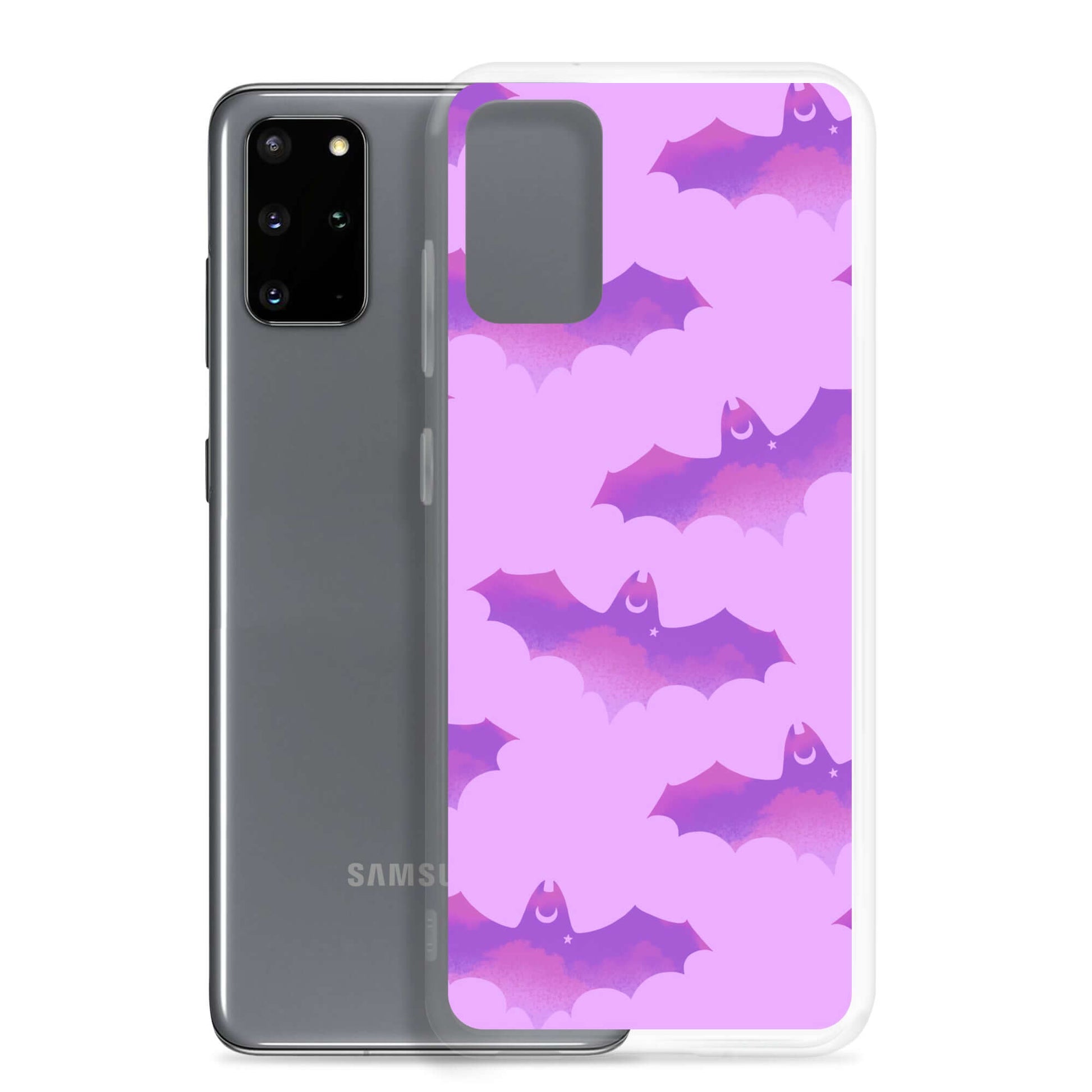 Showcasing the Aensland Samsung® Clear Case with a playful bat design, perfect for protecting your device stylishly.
