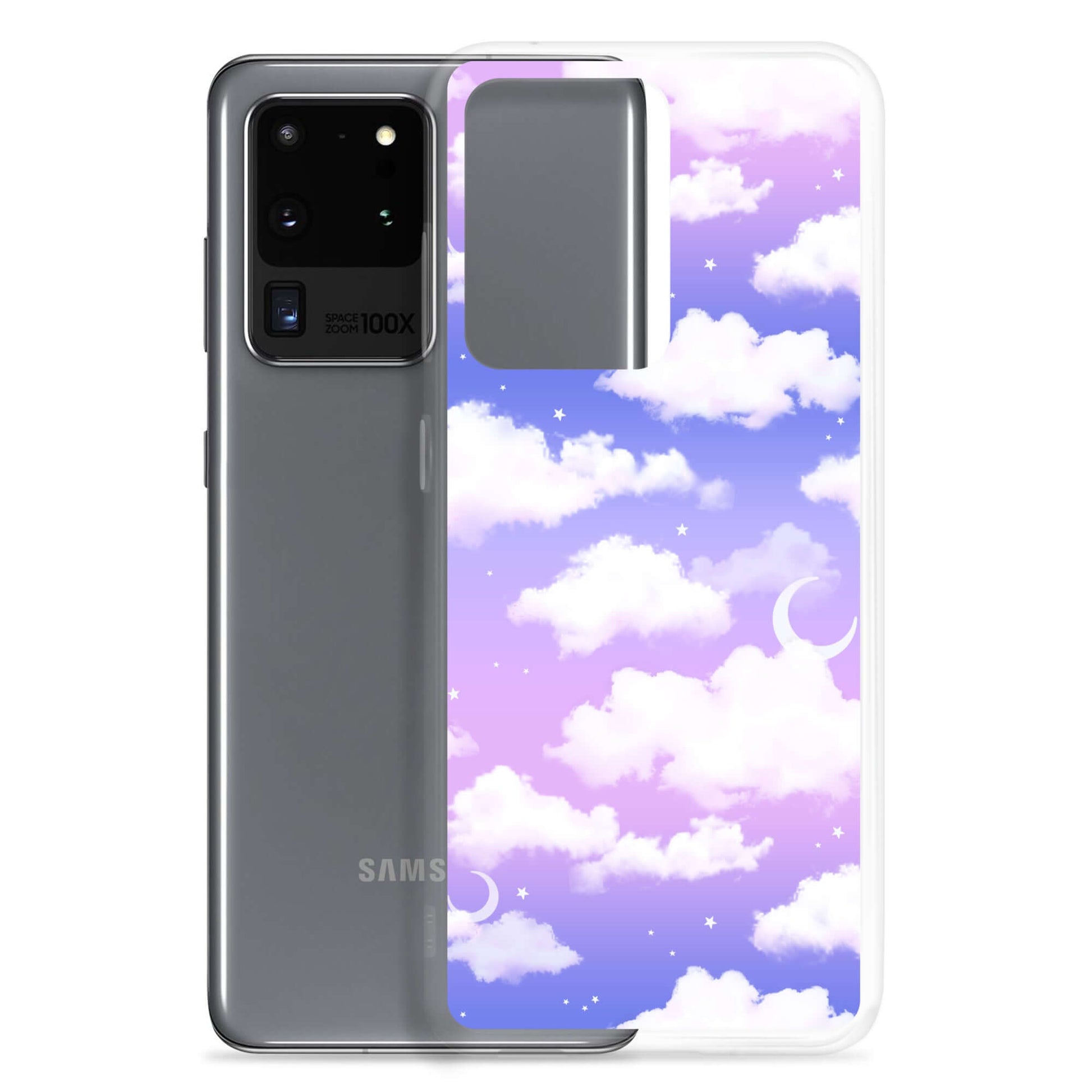 Cloudy Sky Samsung® Clear Case showcases a dreamy purple cloud design, offering stylish protection for your phone.