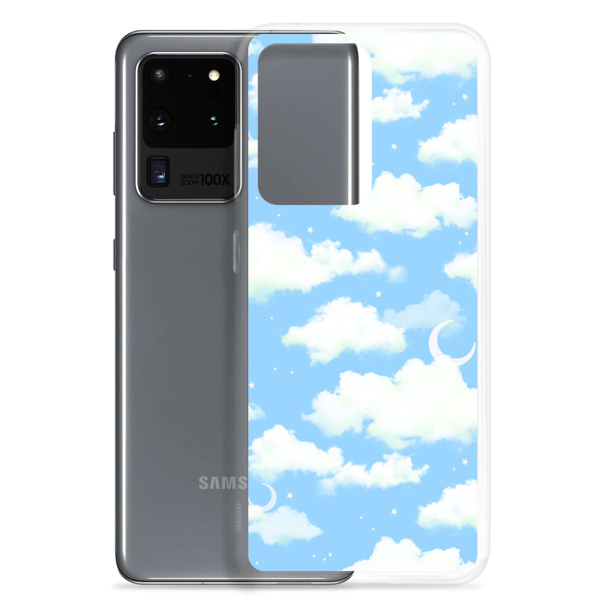 Cloudy Sky Samsung® Clear Case showcases a dreamy blue cloud design, offering stylish protection for your phone.