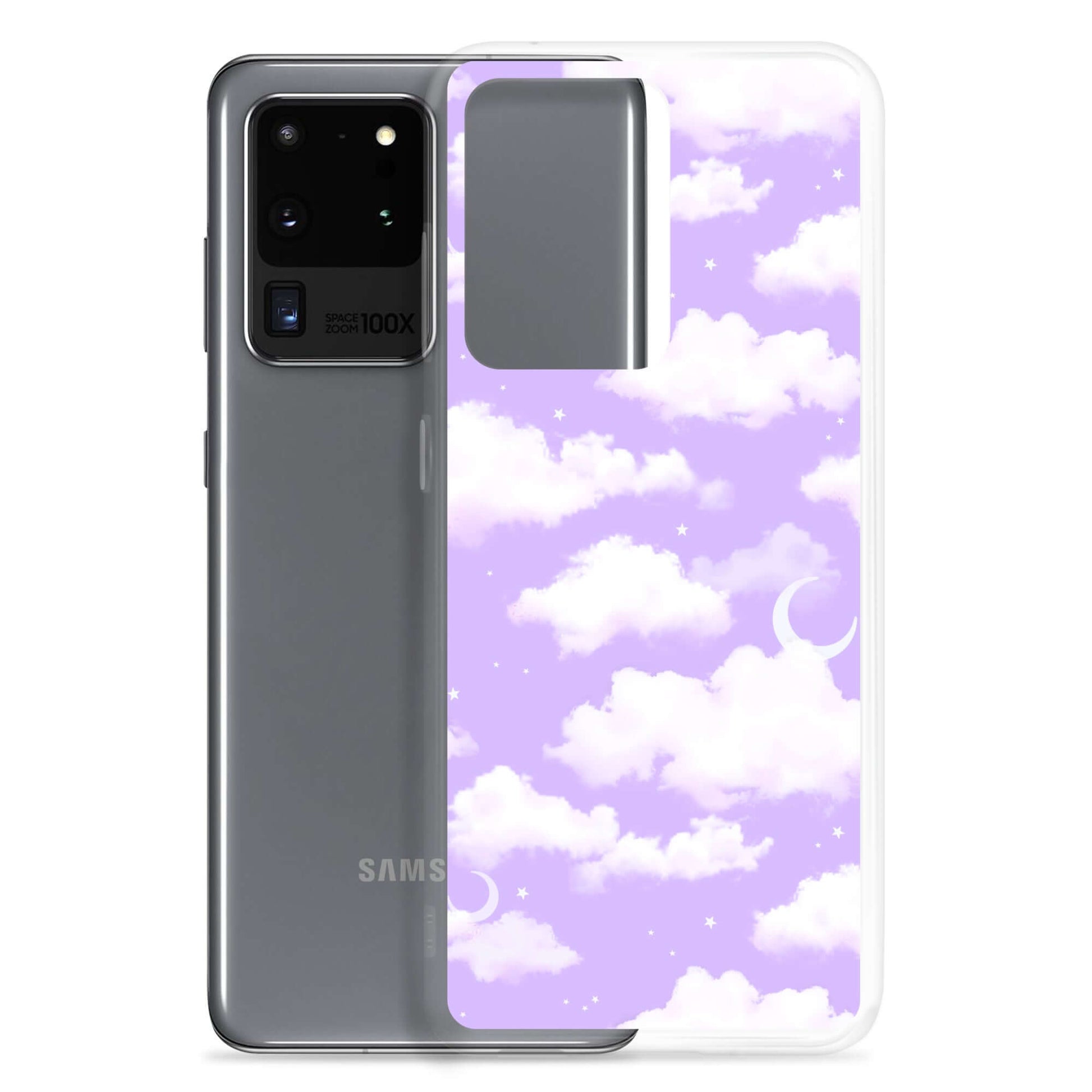 Showcasing the Cloudy Sky Samsung® Clear Case with a dreamy purple cloud design, perfect for stylish phone protection.