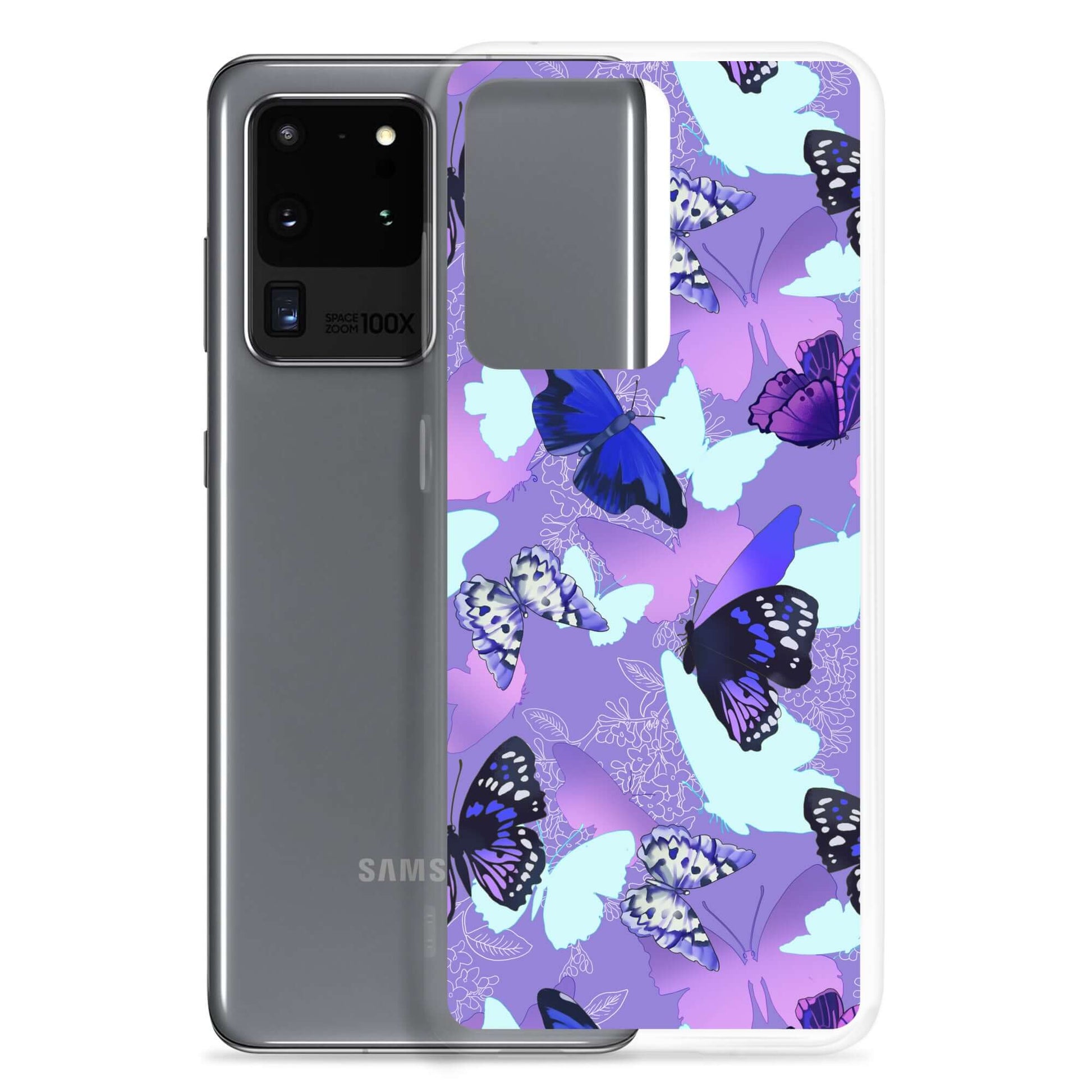 Butterfly Samsung® Clear Case showcases a vibrant butterfly design, perfect for adding color to your phone.
