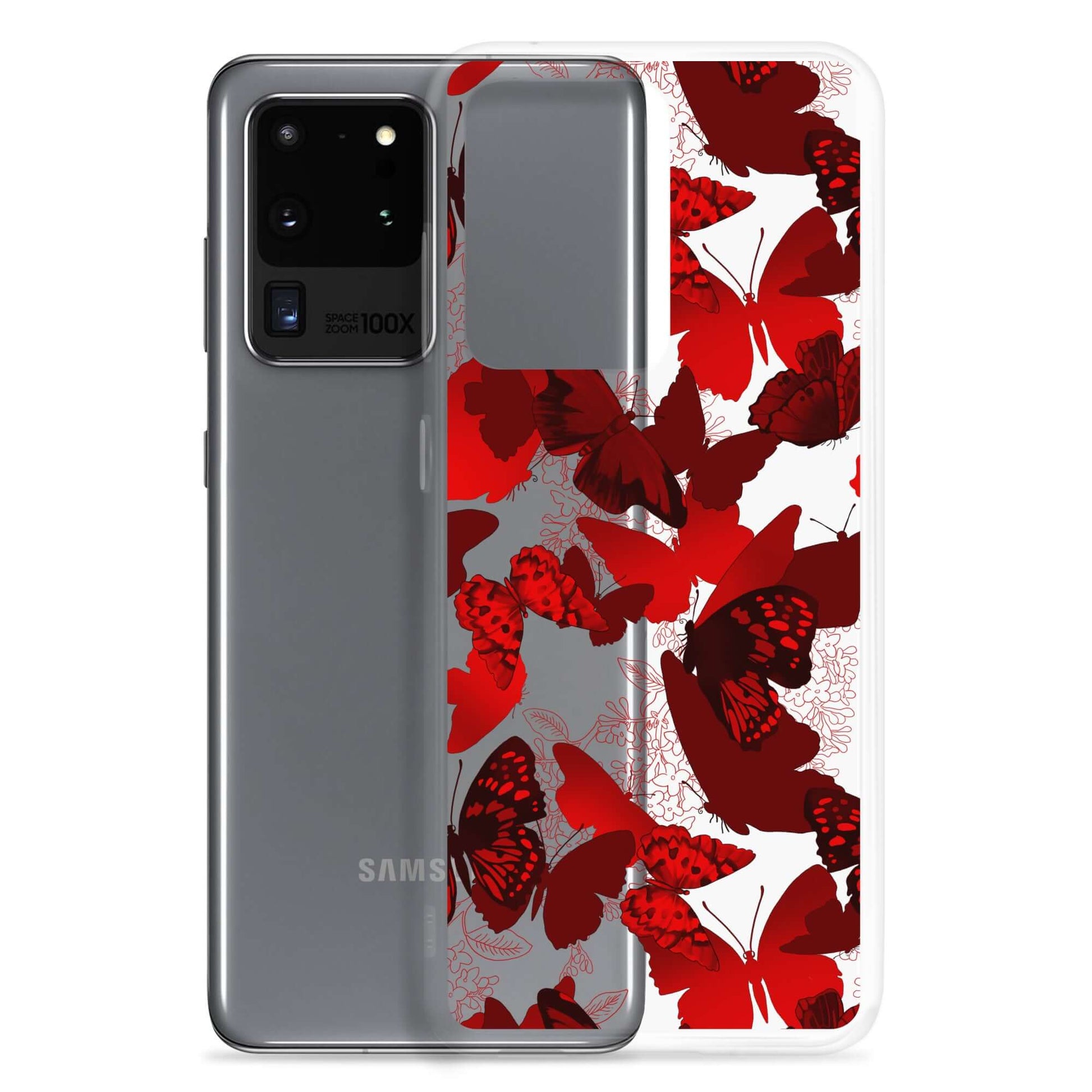 Colorful Butterfly Samsung® Clear Case showing vibrant butterfly print, perfect for accessorizing your phone stylishly.