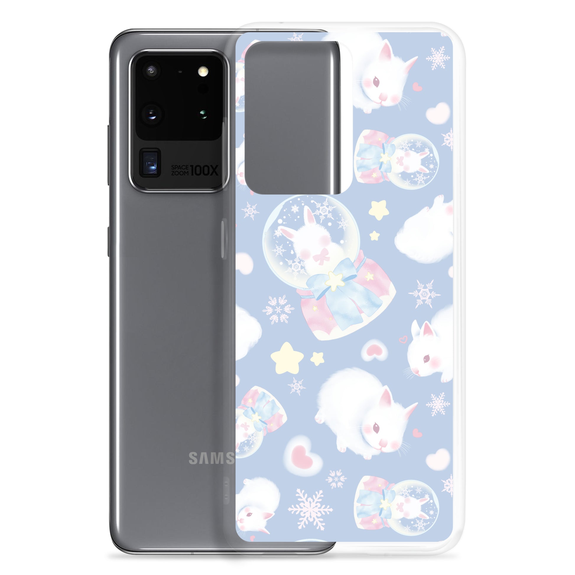 Protect your phone in style with the Snow Bunny Samsung® Clear Case featuring cute bunnies and pastel colors.