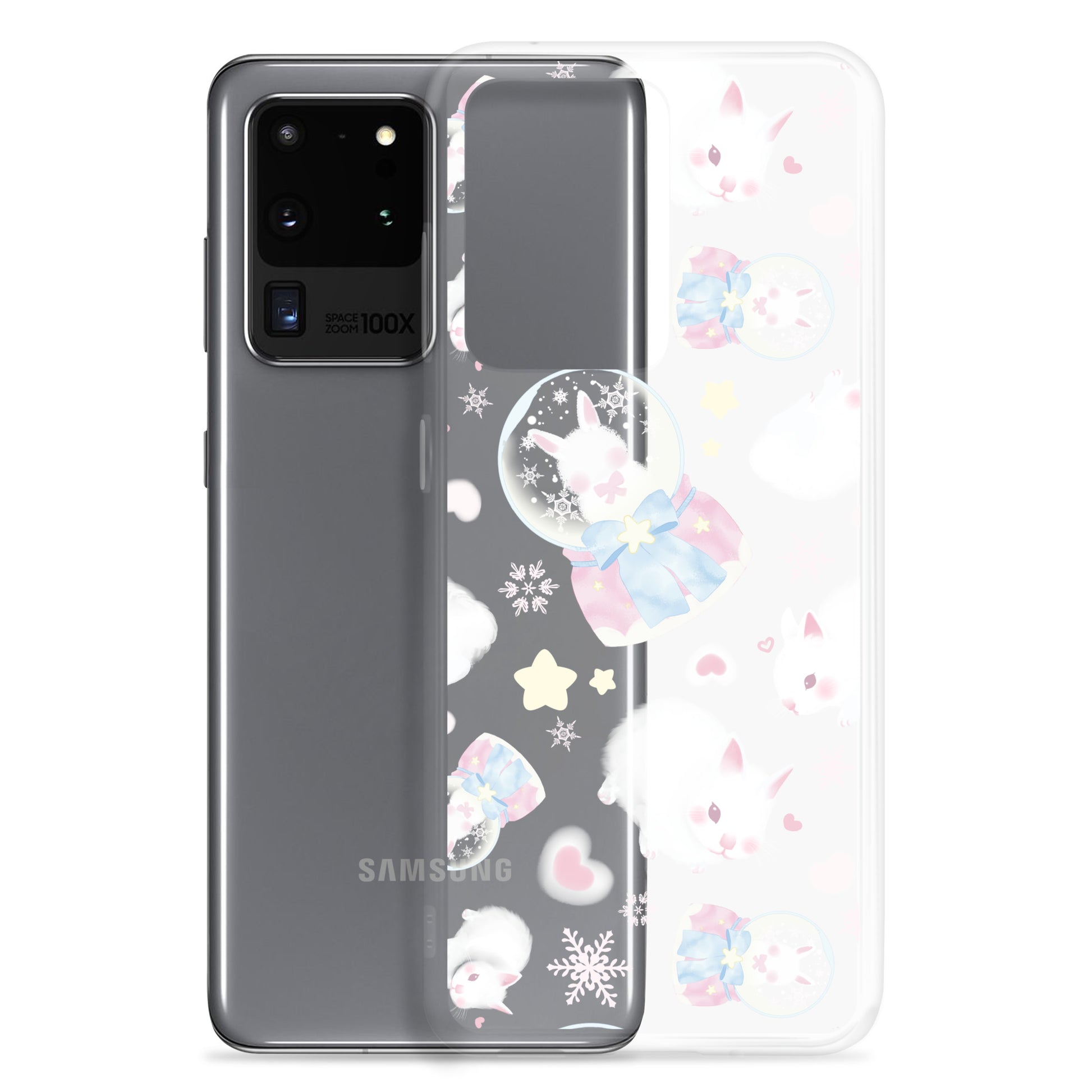 Protect your phone stylishly with the Snow Bunny Samsung® Clear Case, featuring adorable bunnies and pastel colors.