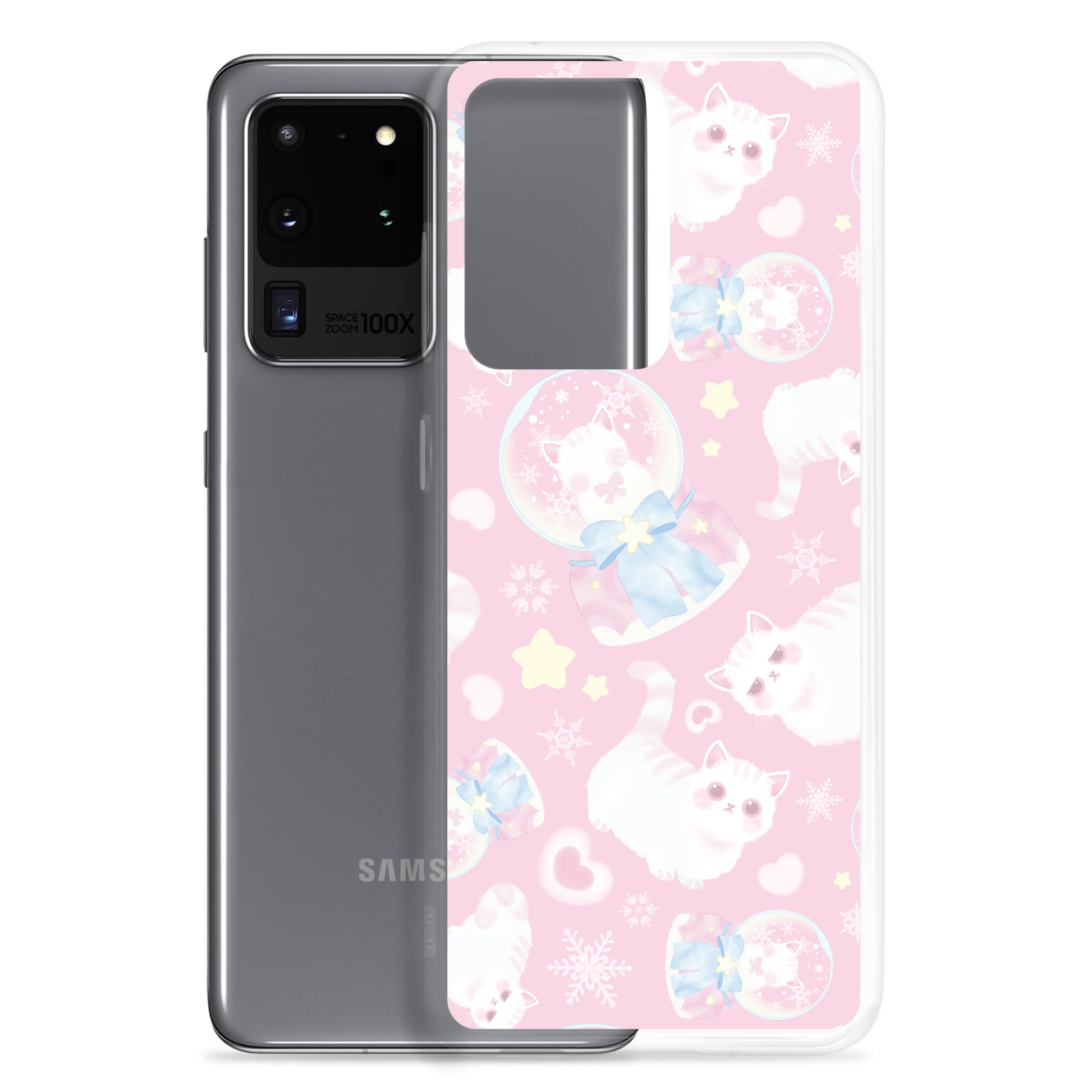 Protect your phone stylishly with the Snow Kitten Samsung® Clear Case, featuring adorable kittens and a pastel design.