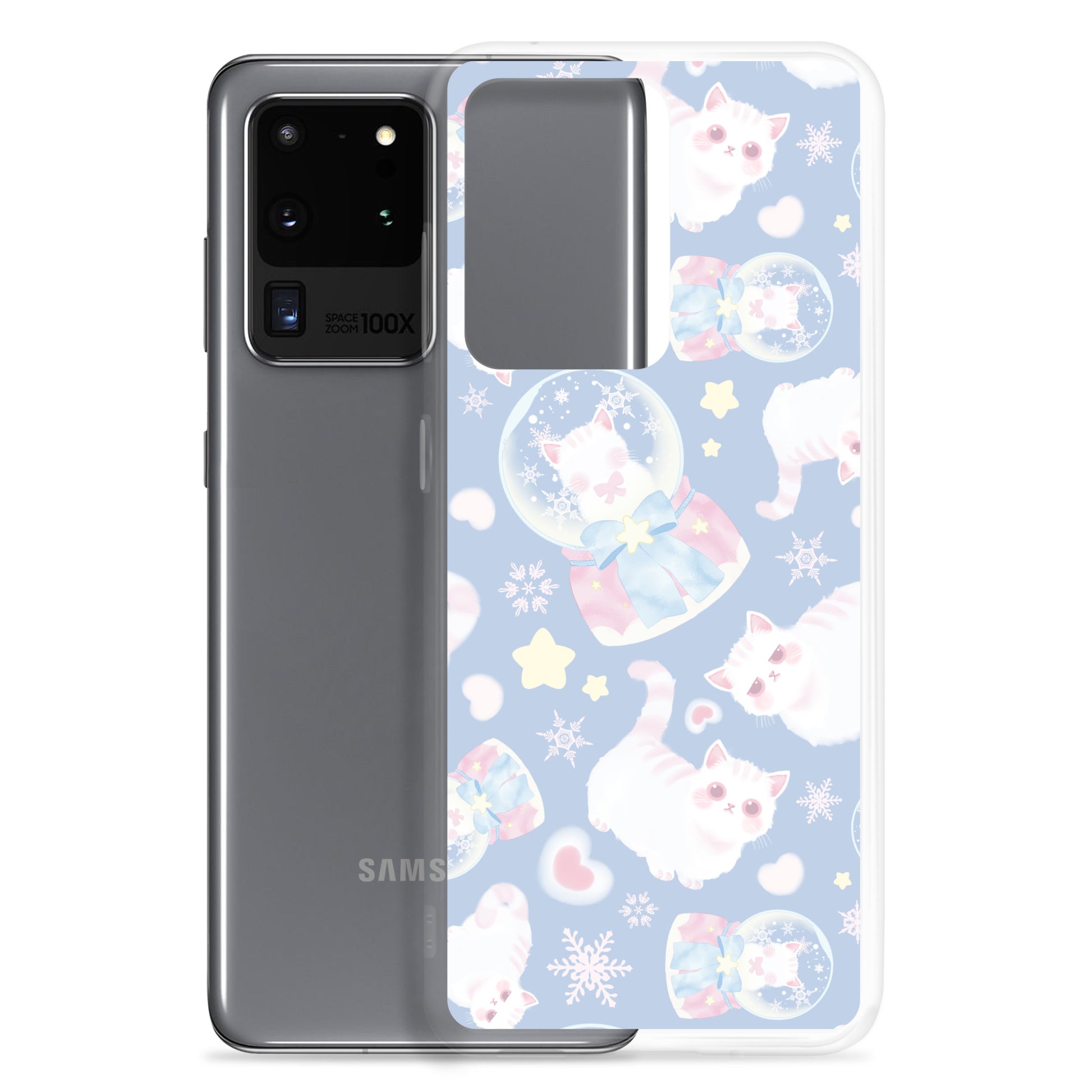 Cute Snow Kitten Samsung® Clear Case showcases adorable kittens, perfect for pastel outfits and phone protection.
