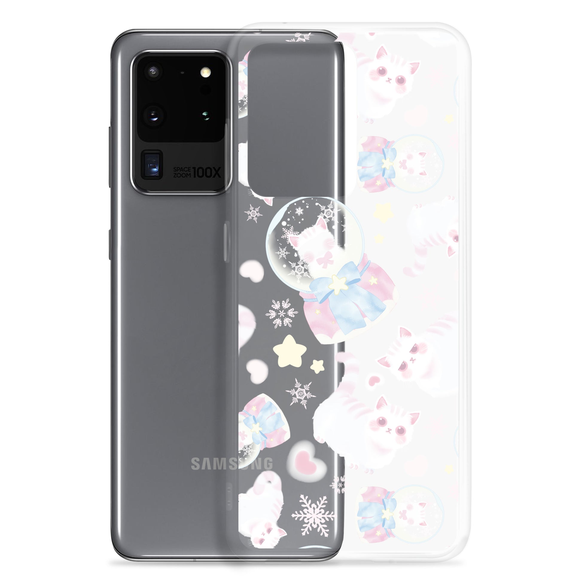 Cute Snow Kitten Samsung® Clear Case featuring adorable kittens and pastel design, perfect for any stylish outfit.