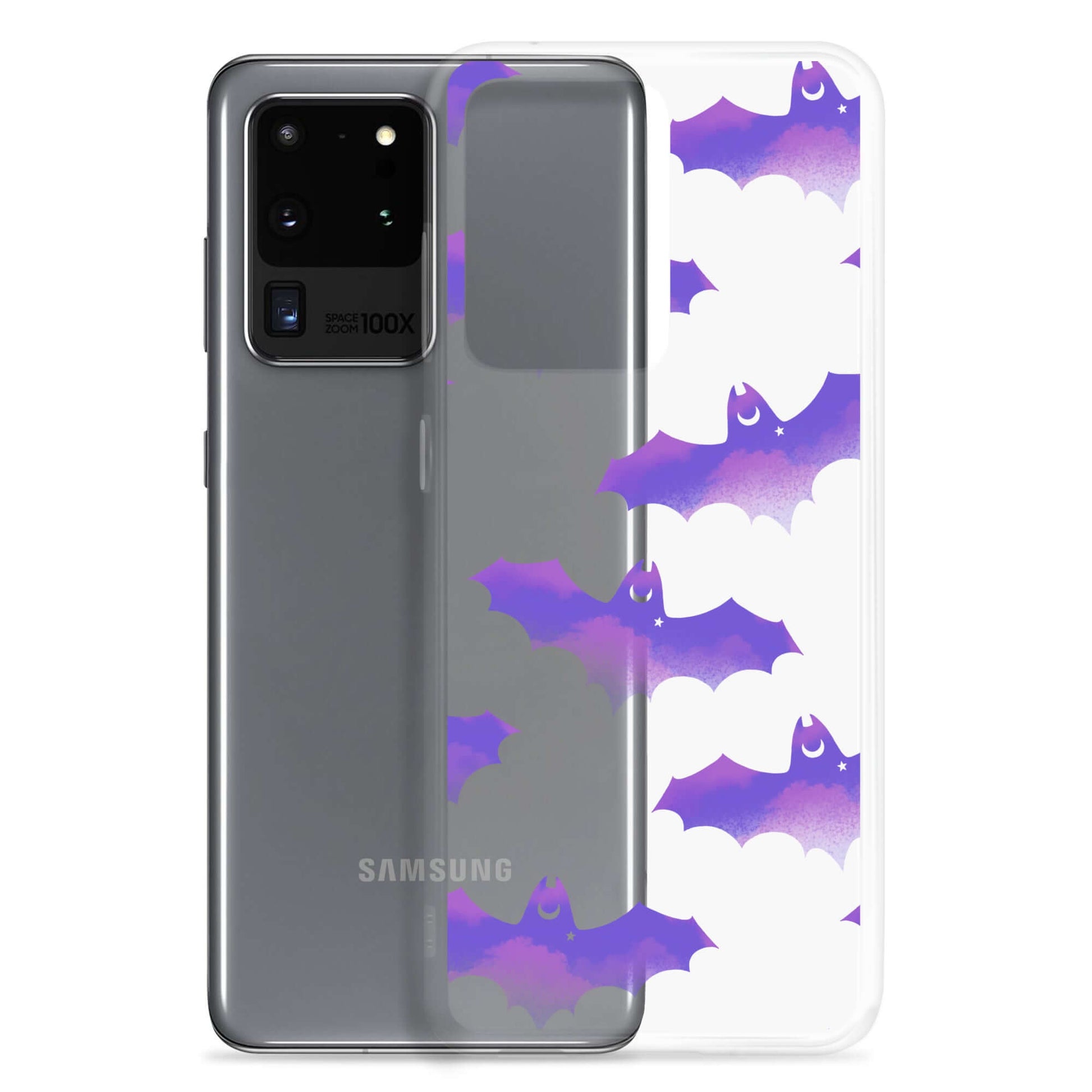 Stylish Morrigan Samsung® Clear Case featuring bats, protecting your phone from scratches and dirt in every season.