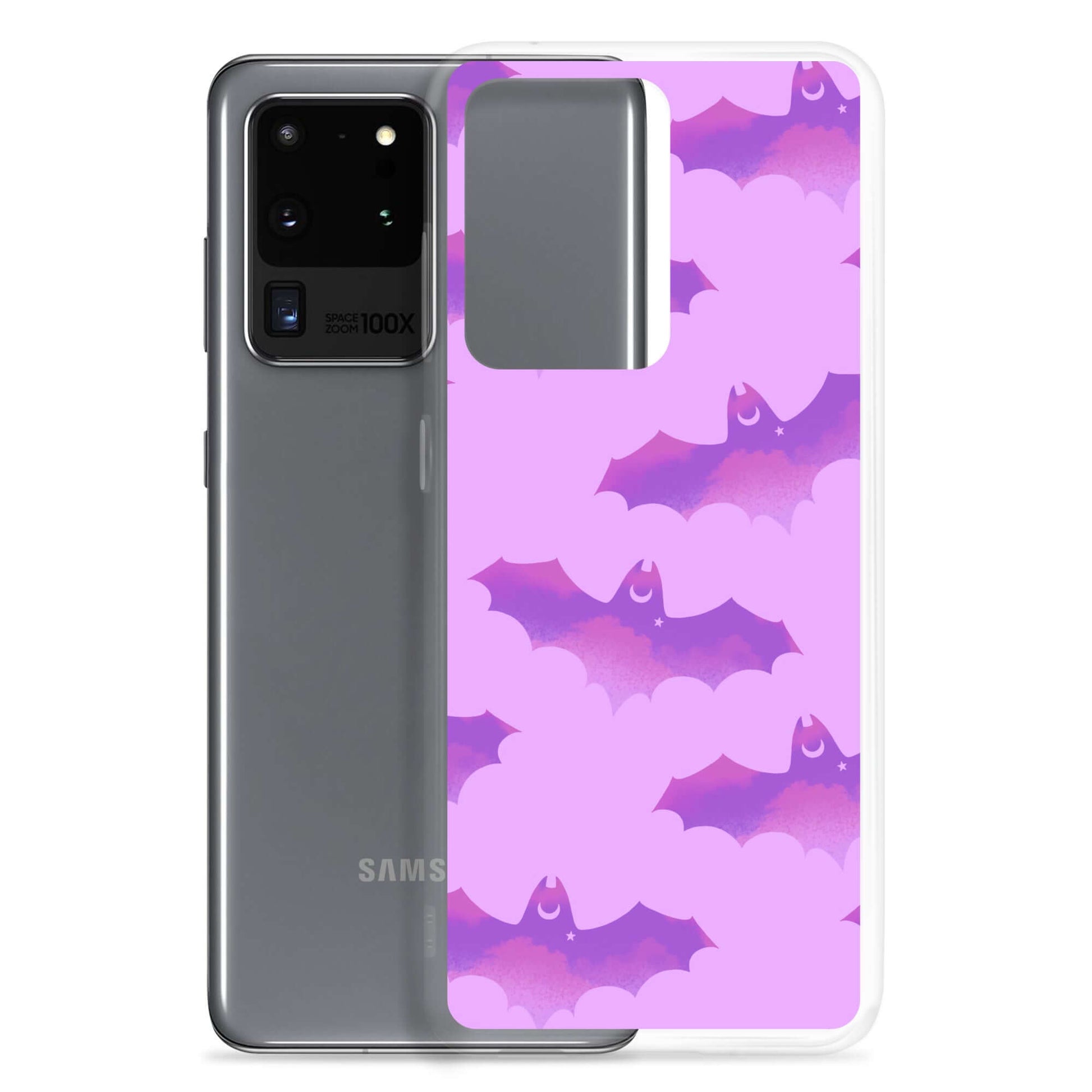 Protect your phone stylishly with the Aensland Samsung® Clear Case featuring adorable bats on a pink background.
