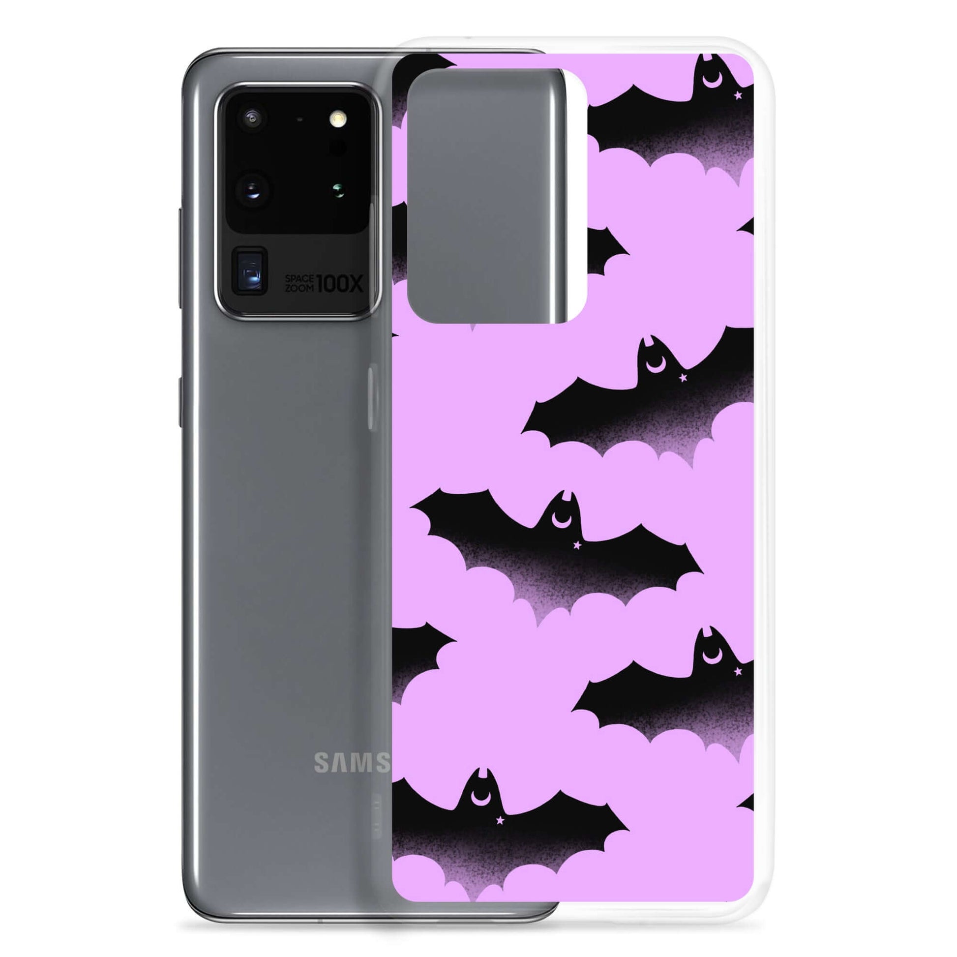 Stylish Aensland Samsung® Clear Case featuring playful bats, perfect for protecting your device in any weather.