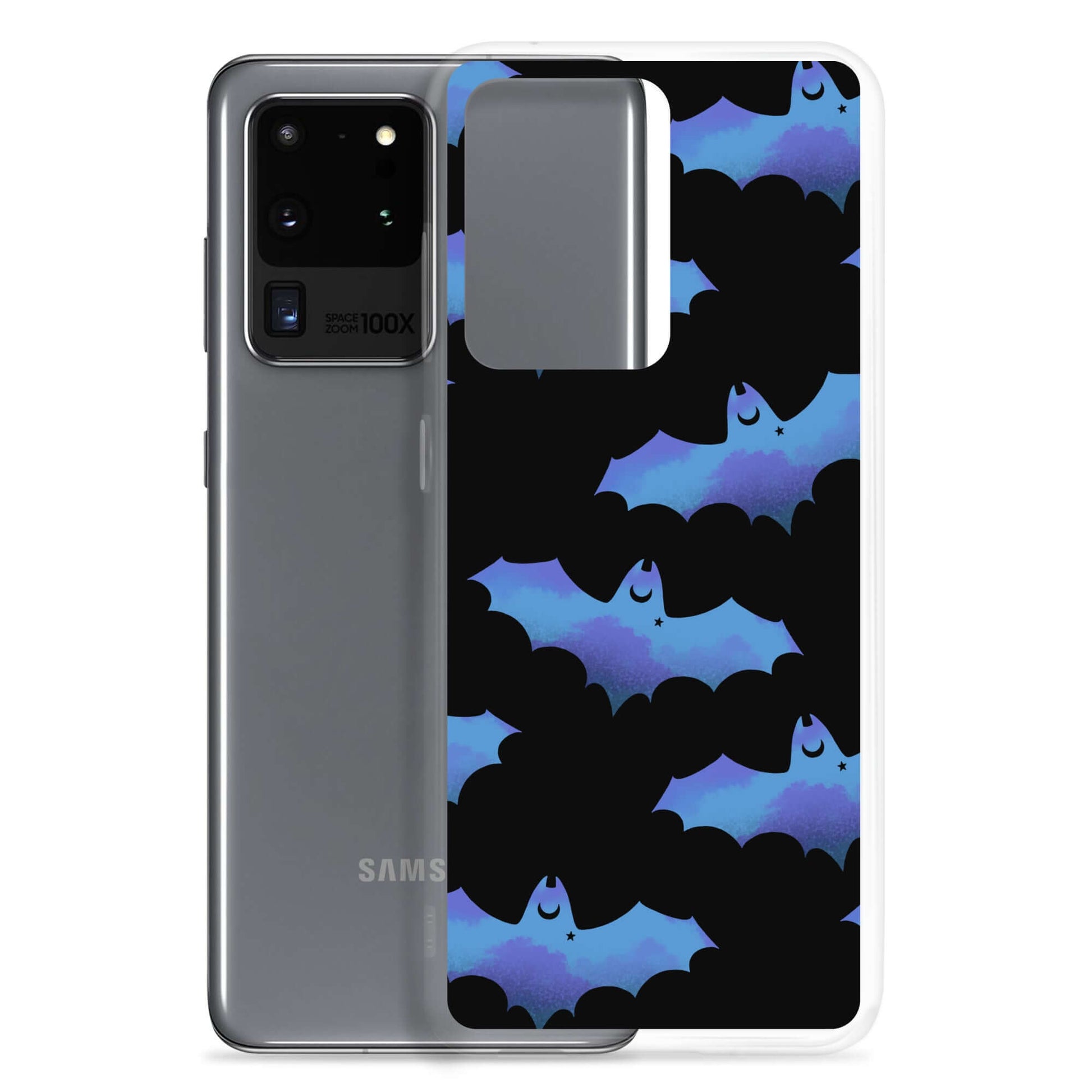 Stylish Lilith Samsung® Clear Case featuring playful bats, perfect for protecting your phone in any weather.